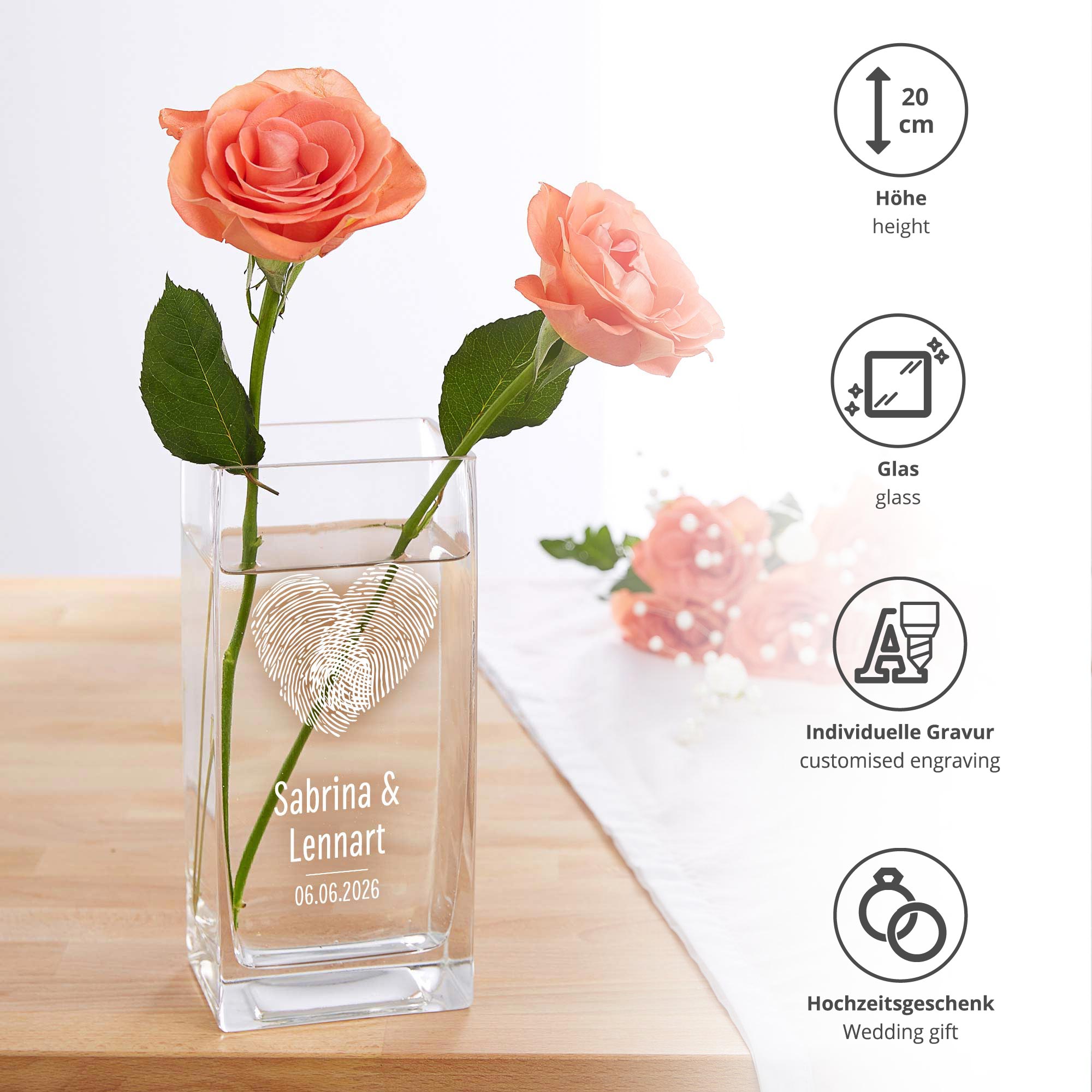 Eckige Vase mit Gravur - Fingerabdruck Herz