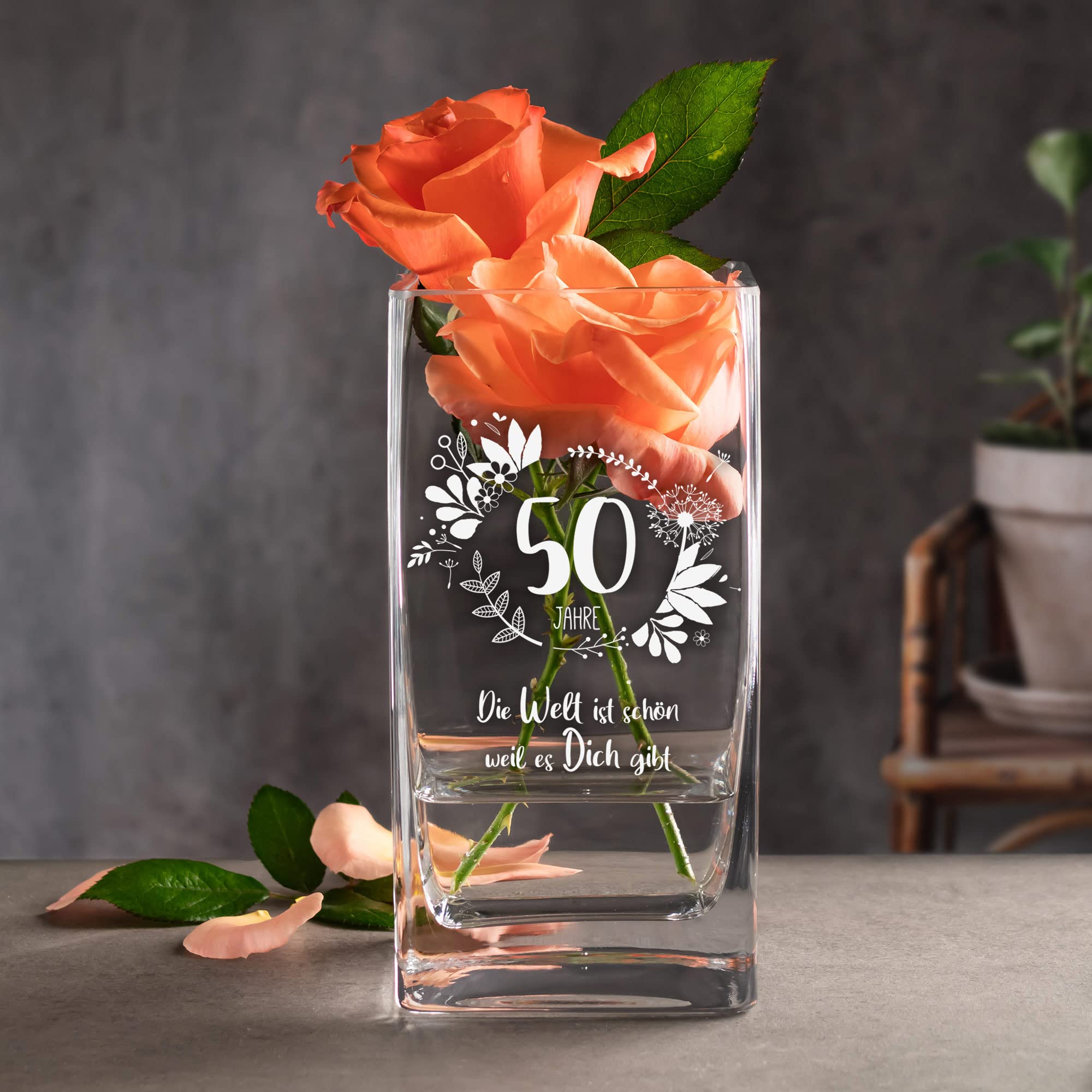 Eckige Vase mit Gravur - 50. Geburtstag