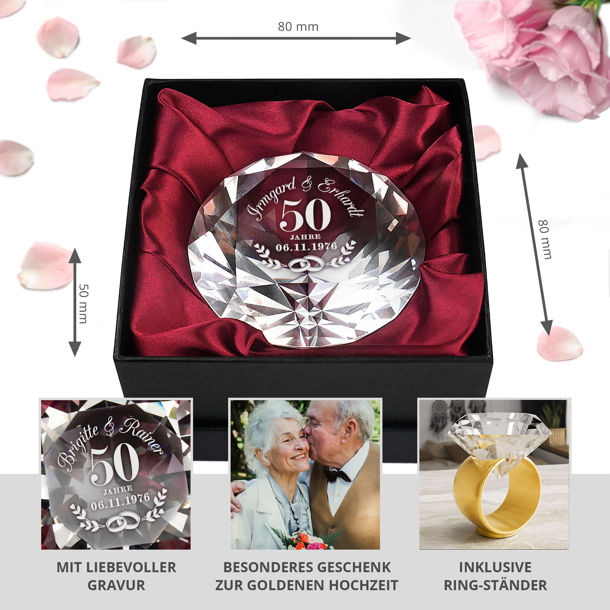 Diamant Kristall mit Gravur zur Goldhochzeit und Ring Displayständer