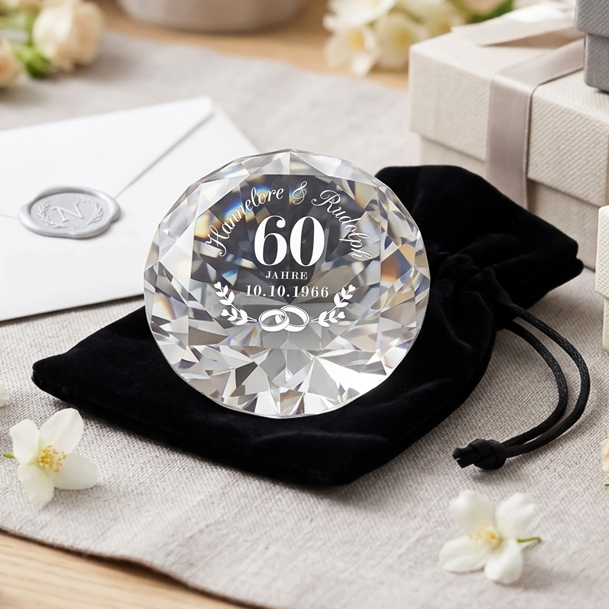 Diamant Kristall mit Gravur und Samtsäckchen - Diamanthochzeit Diamant Kristall mit Gravur und Samtsäckchen - Diamanthochzeit