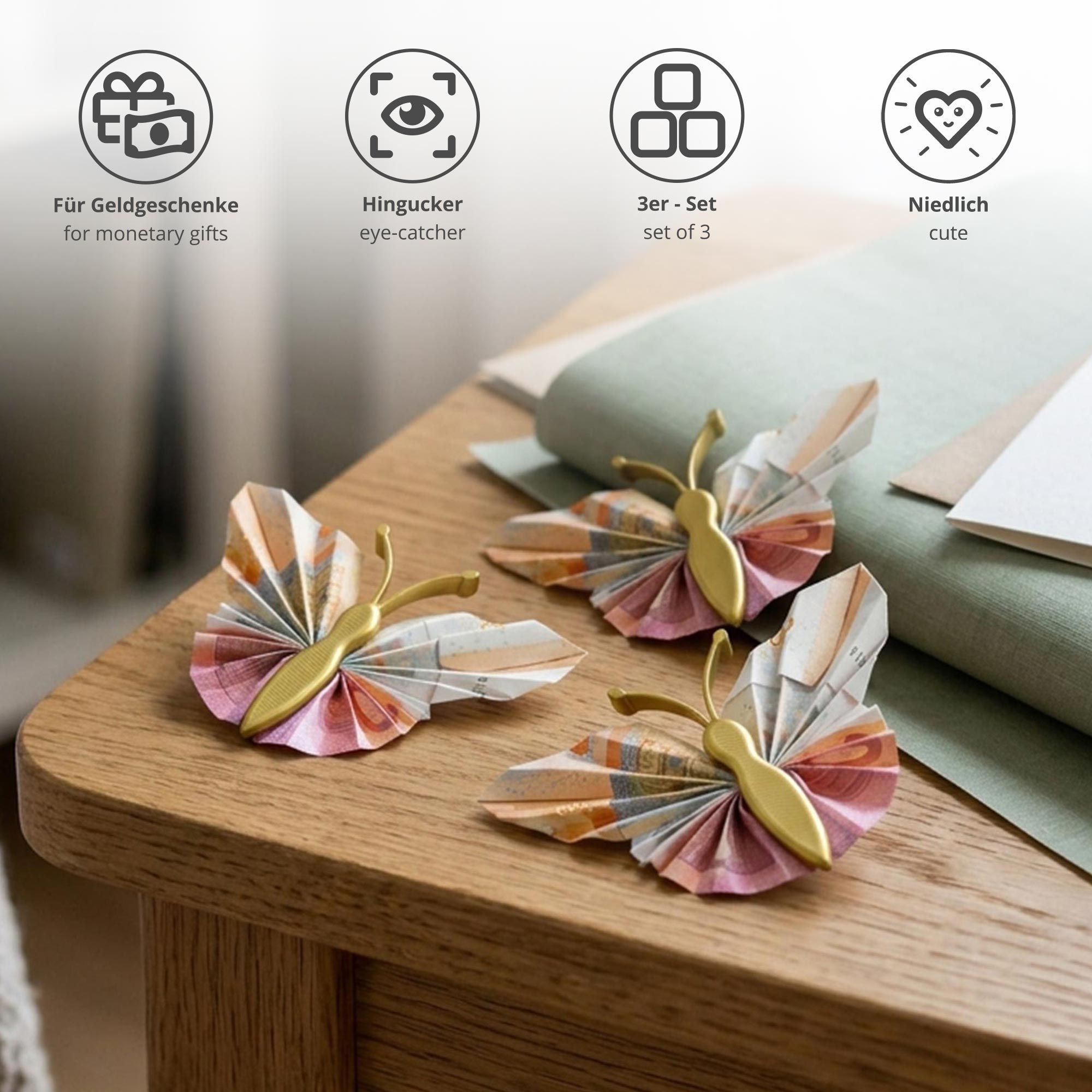 Geldgeschenk Schmetterling Gold - 3er Set Geschenkverpackung für Geld