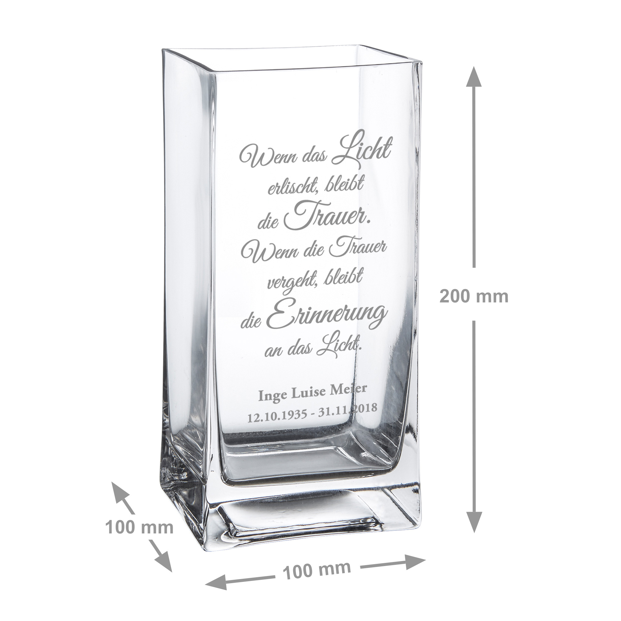 Vase - Eckig - Trauerspruch - Licht - Personalisiert