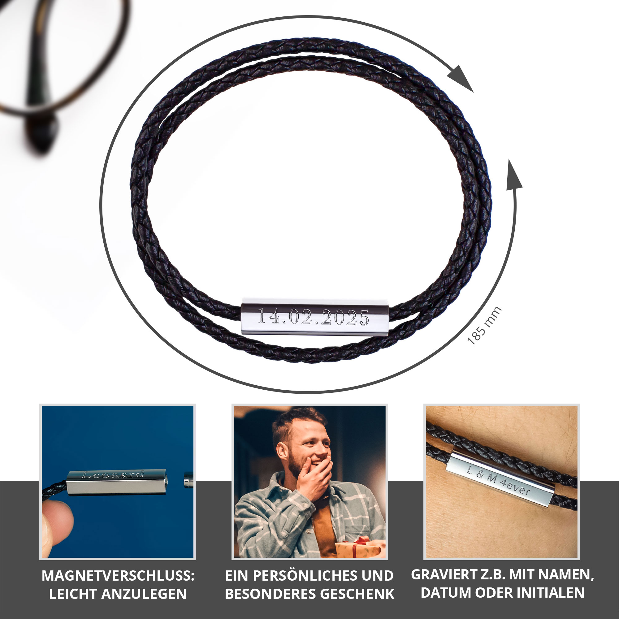 Geflochtenes Lederarmband zum Wickeln Silber - mit Gravur