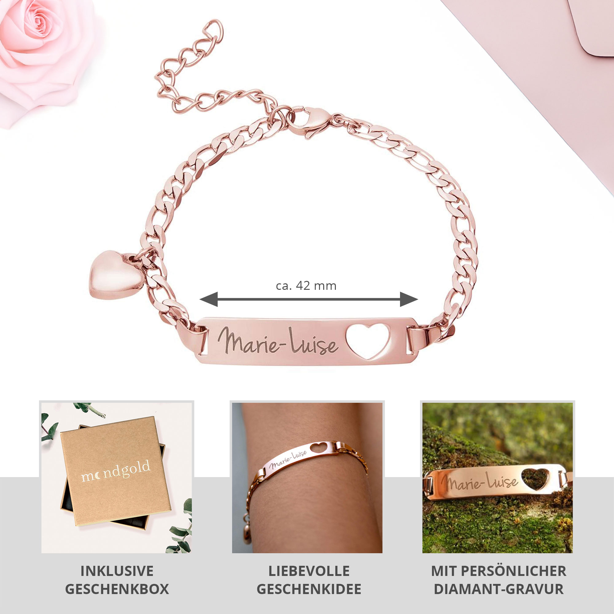Armband mit Herzstanze Rosegold - Namensgravur Armband mit Herzstanze Rosegold - Namensgravur