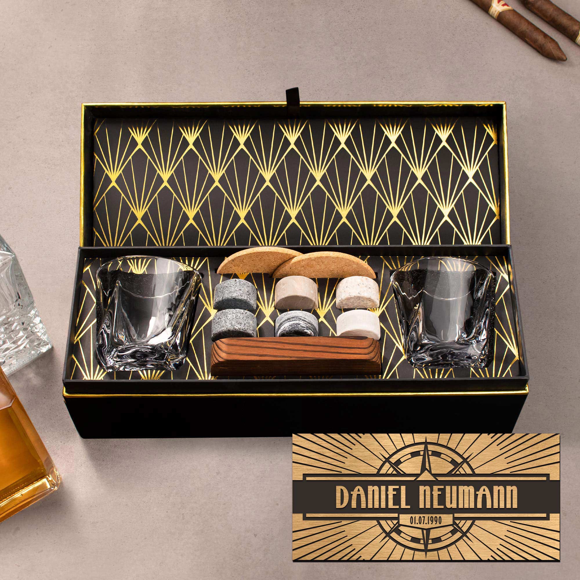 Whisky Set in edler Geschenkbox mit Gravur - Kompass