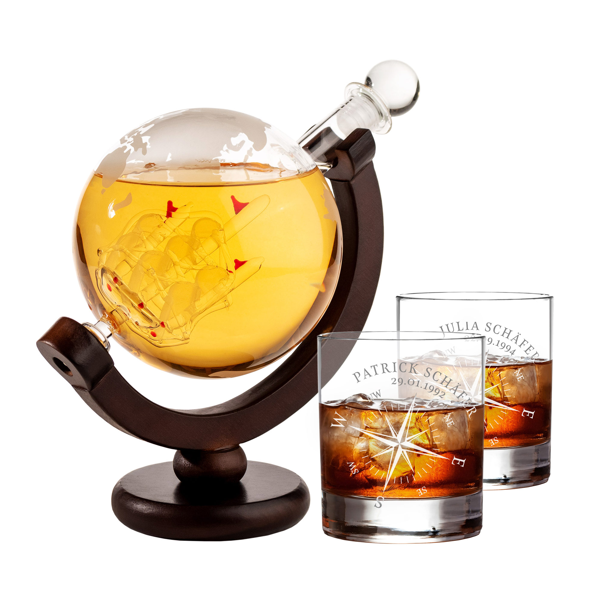Set mit Globus Karaffe und 2 Whiskygläsern - Kompass Gravur 4134 - 4