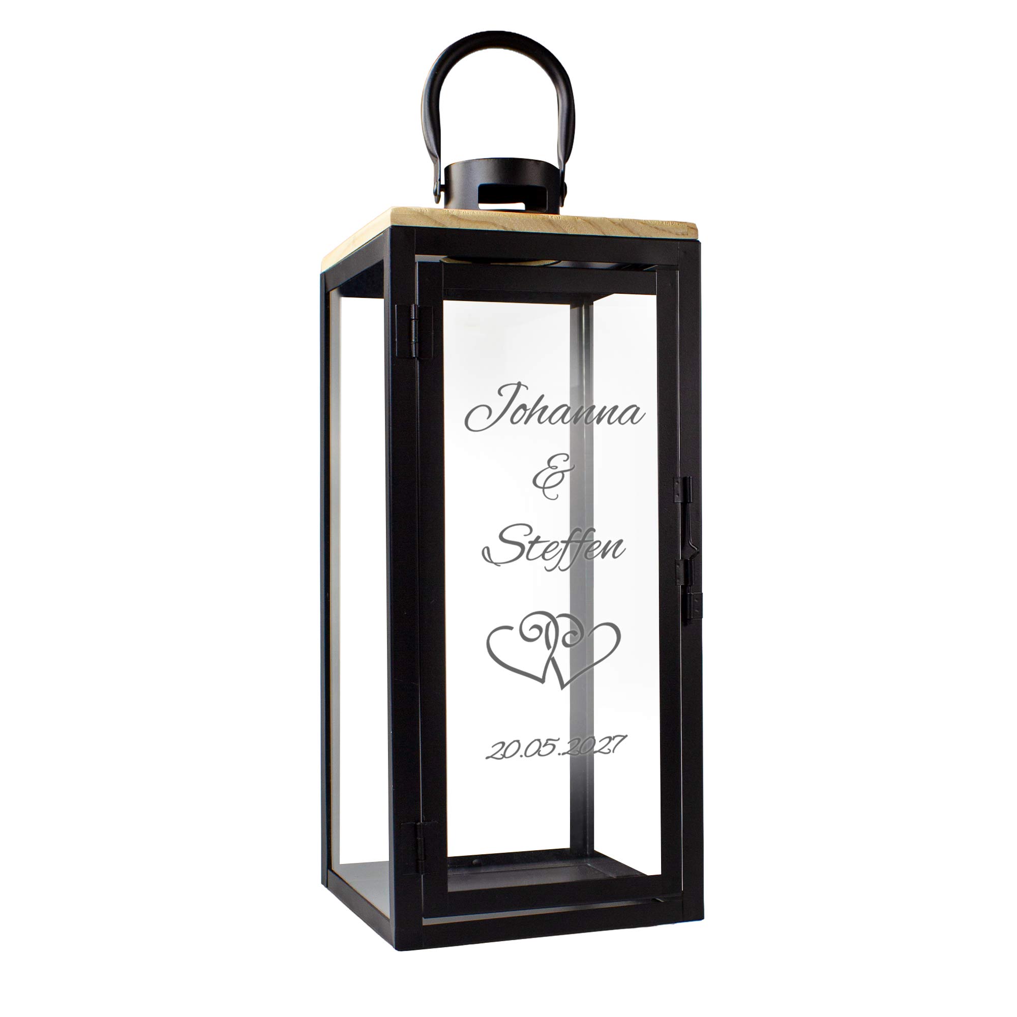Personalisierte Holzlaterne zur Hochzeit Schwarz - Herzen