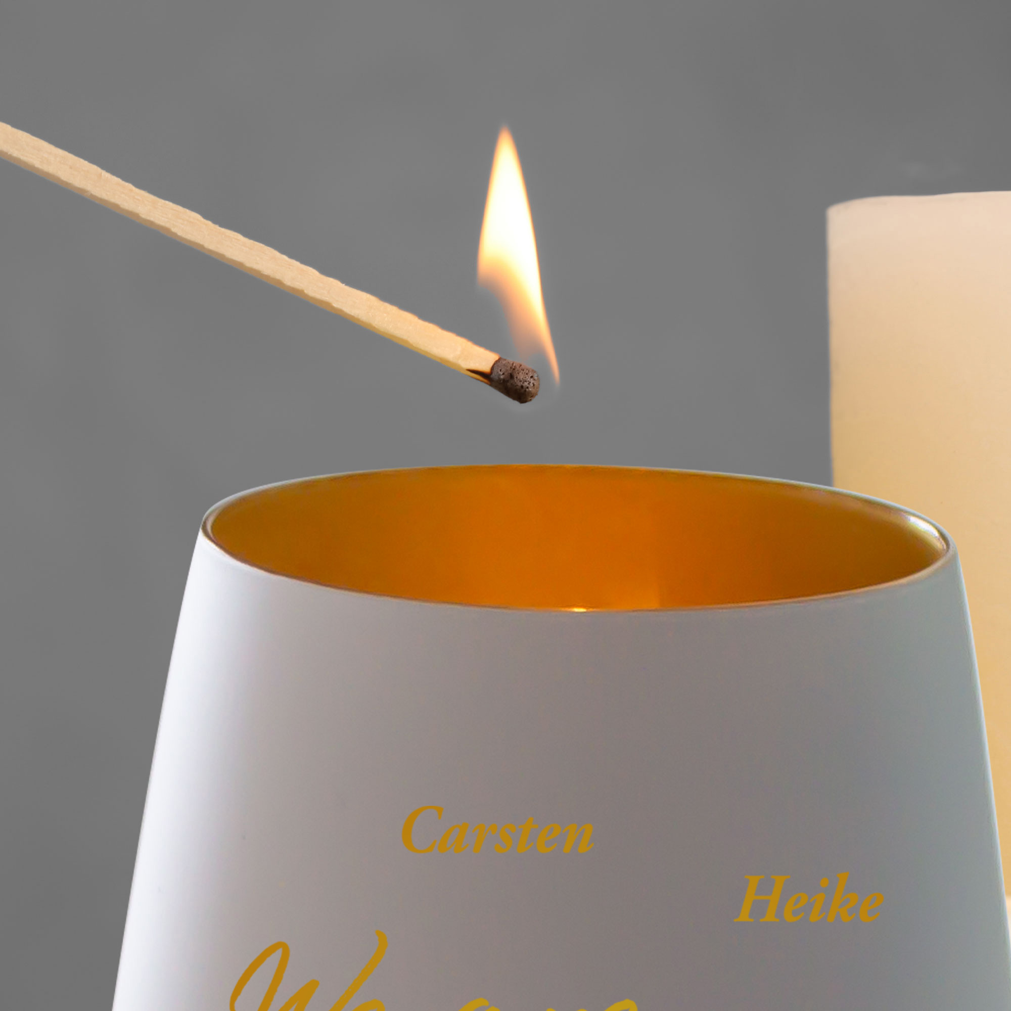 Weißes Windlicht mit Gravur - Family