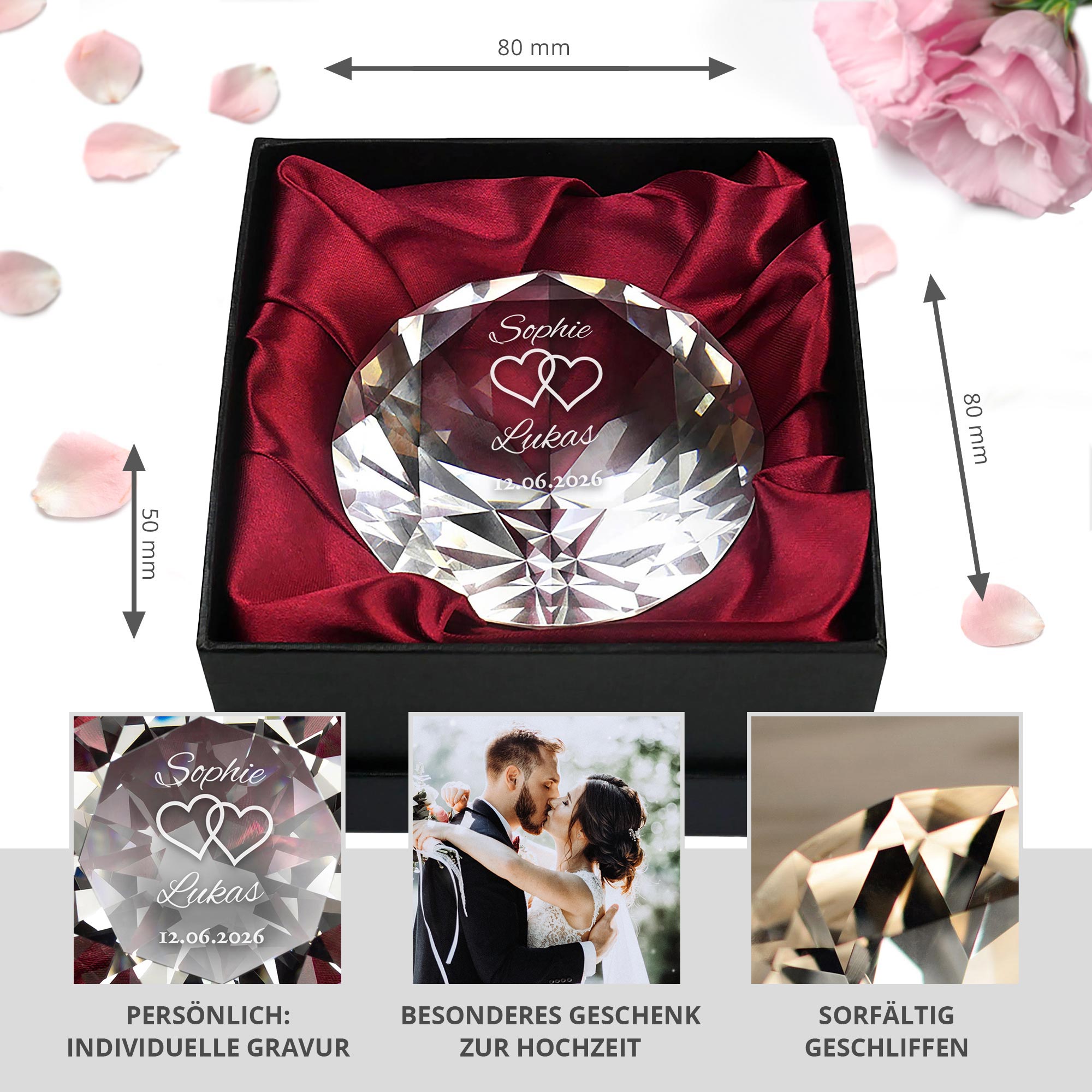 Diamant Kristall mit Gravur zur Hochzeit
