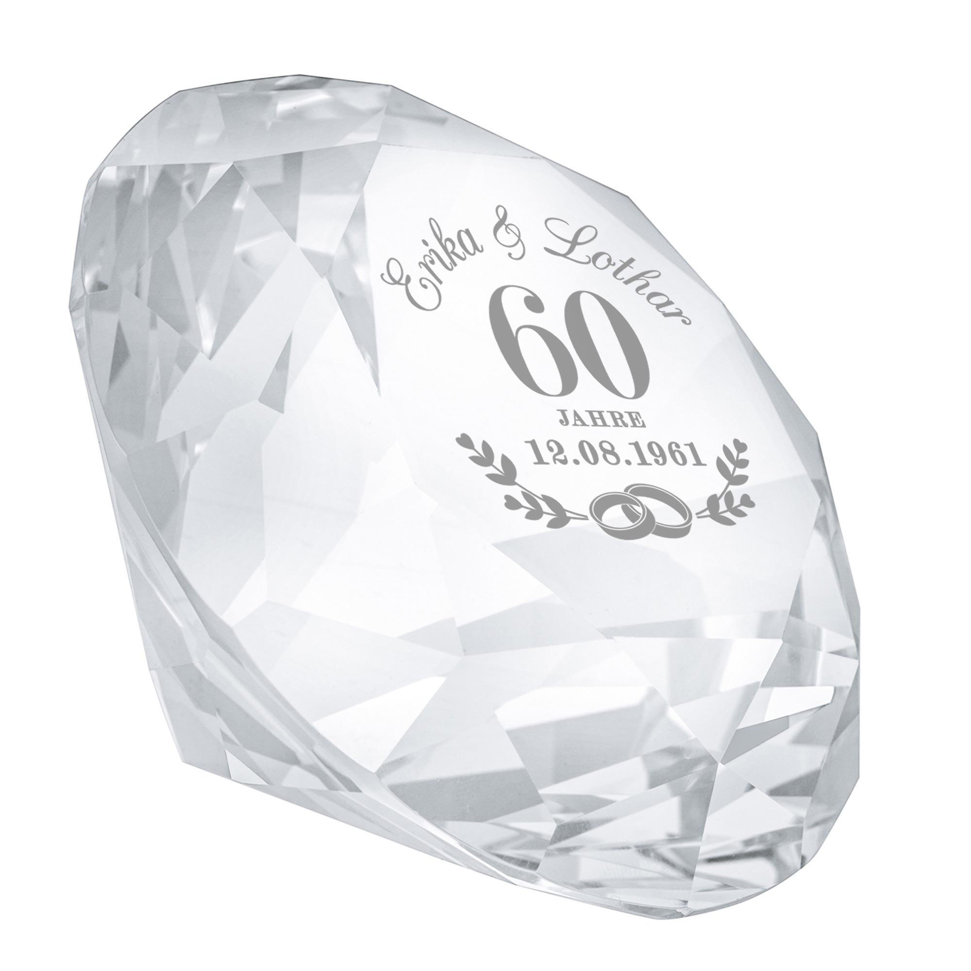 Diamant Kristall mit Gravur zur Diamant Hochzeit und Ring Displayständer Silber