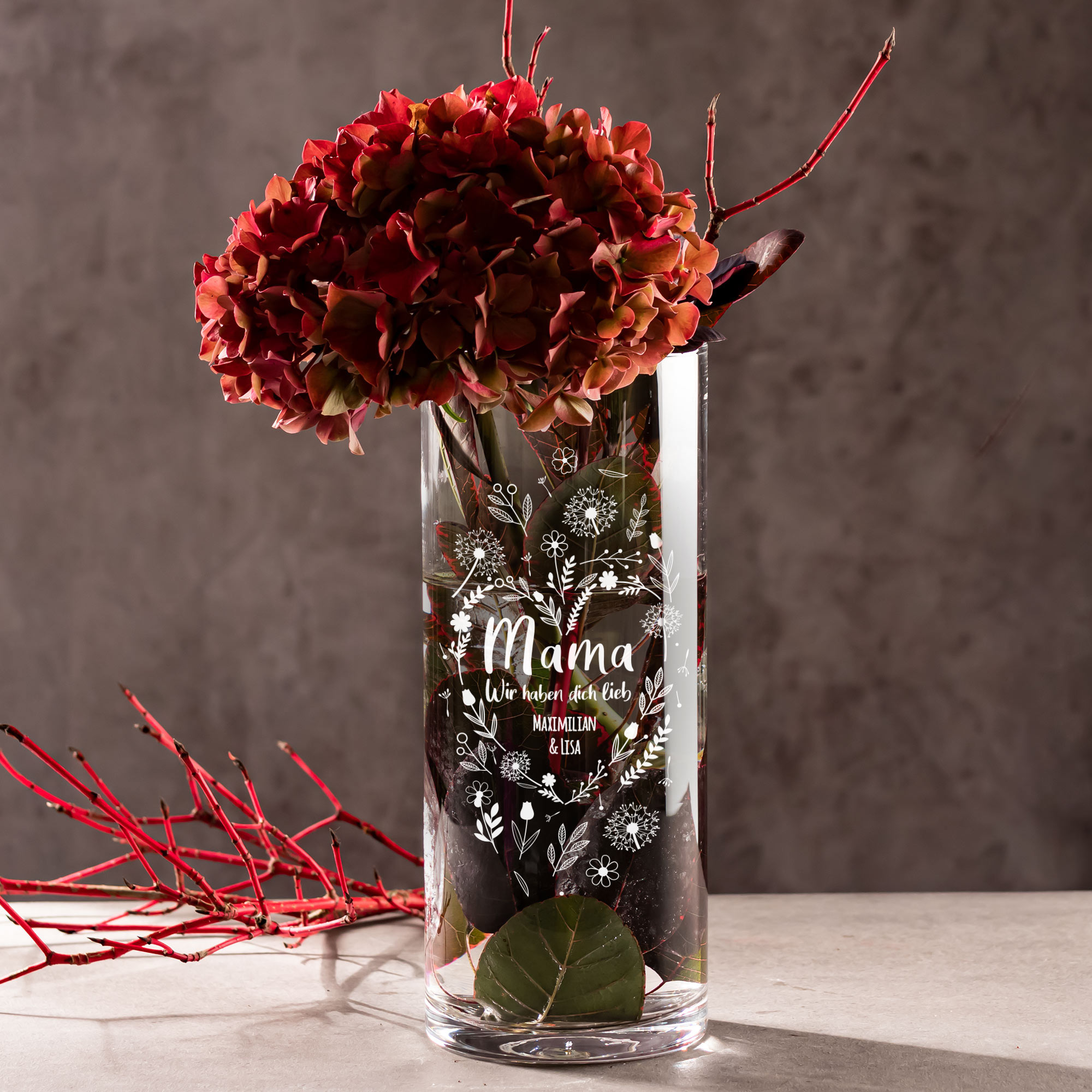 Runde Vase mit Gravur - Blumenherz für Mama 2135-115-MZ