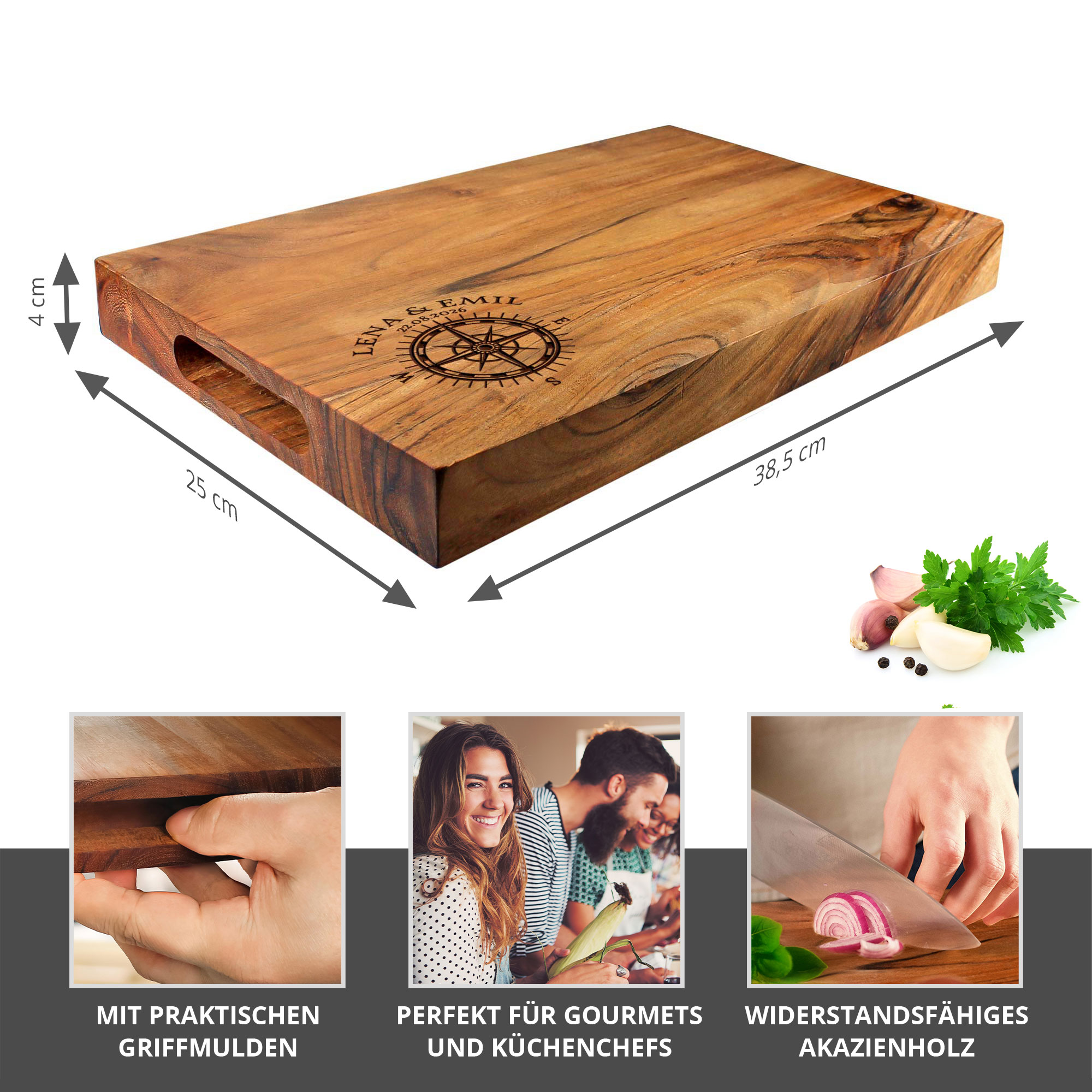 Schneideblock mit Griffmulden - Kompass Gravur Schneideblock mit Griffmulden - Kompass Gravur