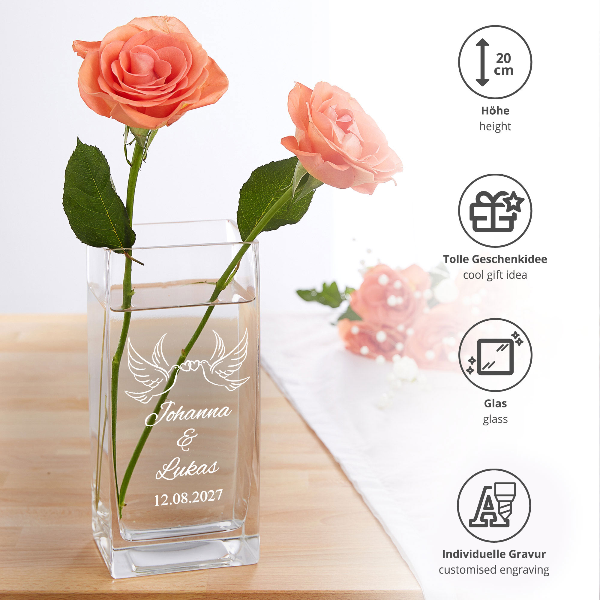 Vase Liebestauben - personalisiert Vase Liebestauben - personalisiert