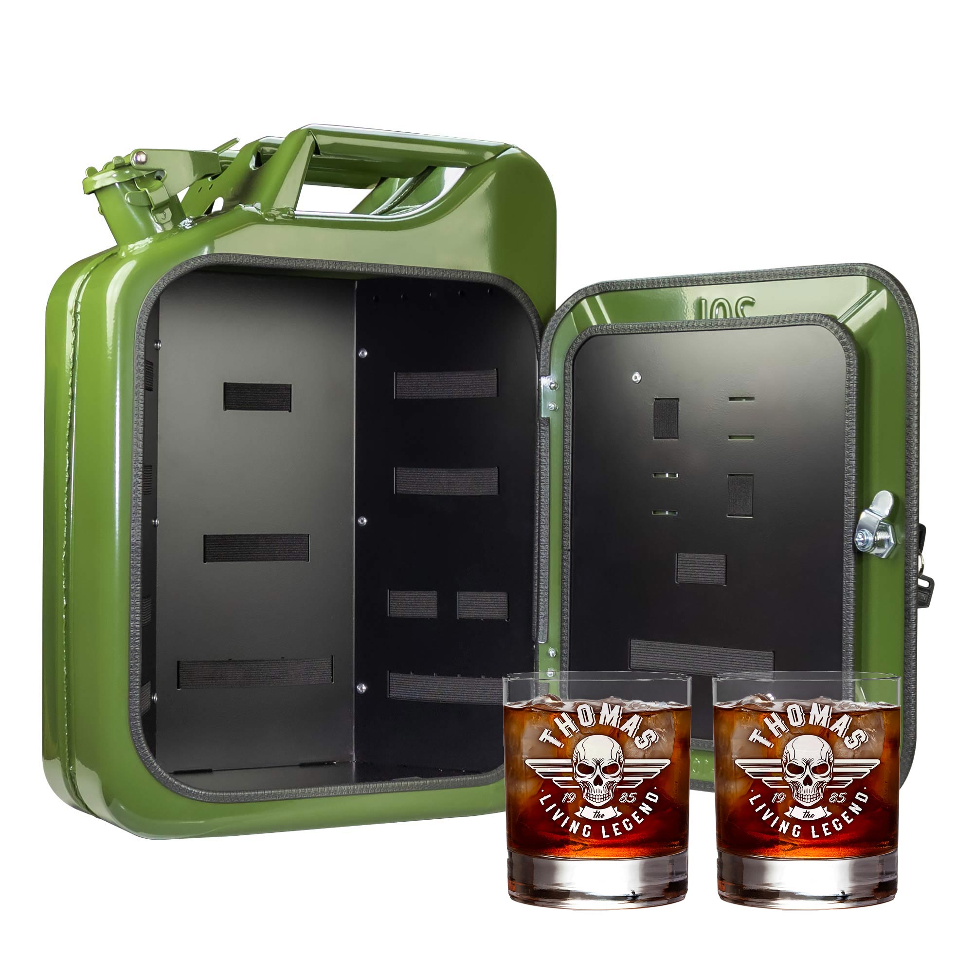 Grüne Kanisterbar mit 2 Whiskygläsern mit Gravur - Totenkopf
