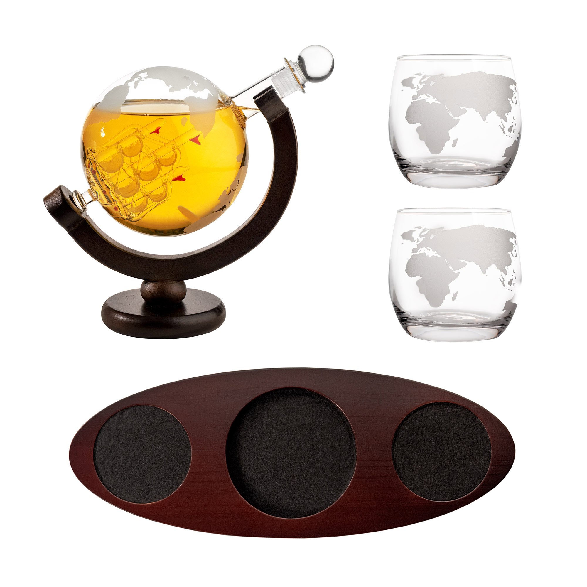 Whisky Set mit Globus Karaffe und 2 Gläsern - Segelschiff