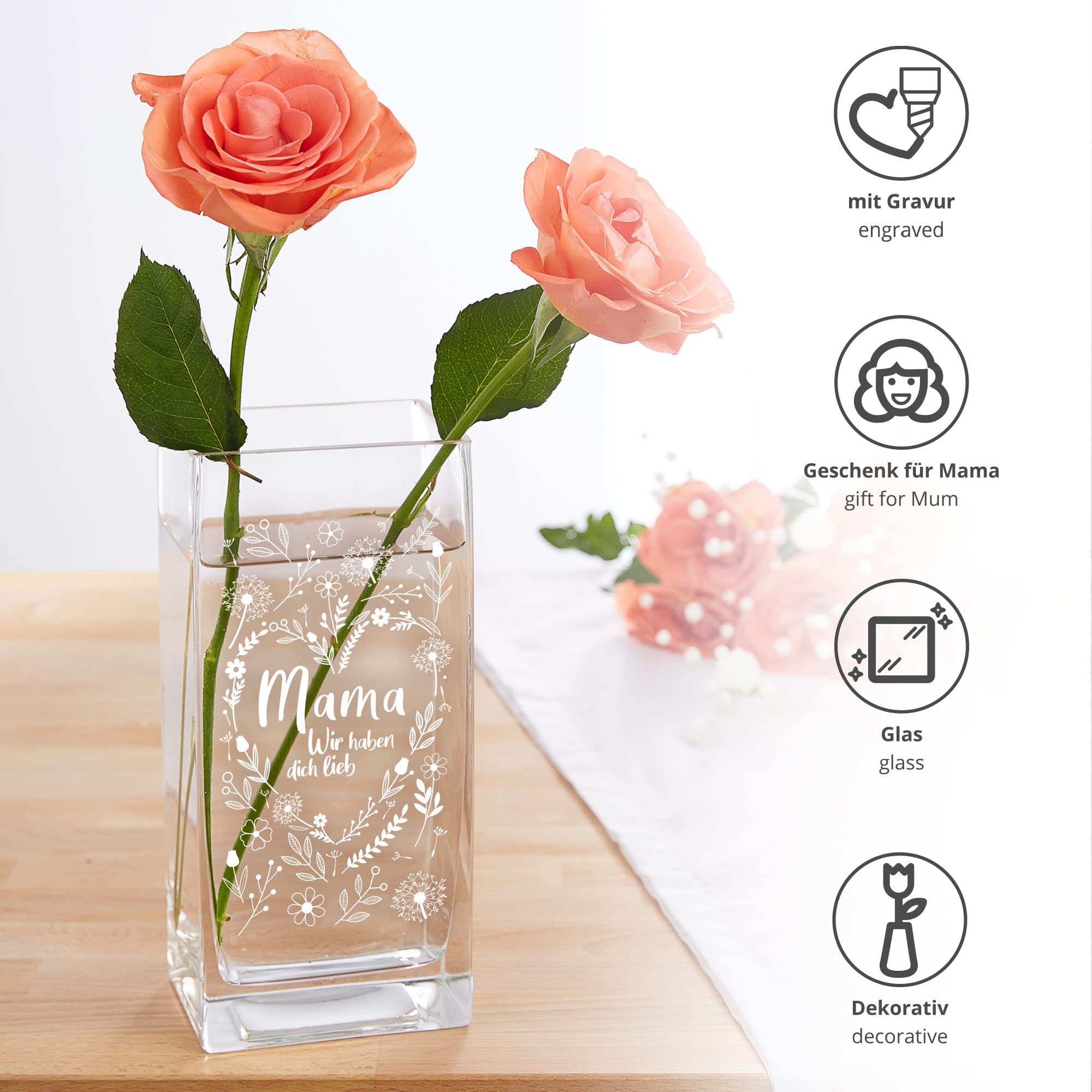 Eckige Vase - Blumenherz für Mama