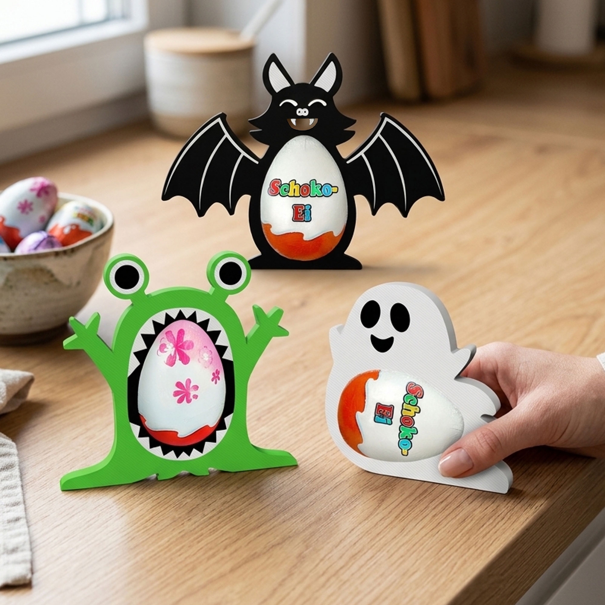 Monster Ü-Ei Halter zu Halloween Bunt - 3er Set Monster Ü-Ei Halter zu Halloween Bunt - 3er Set