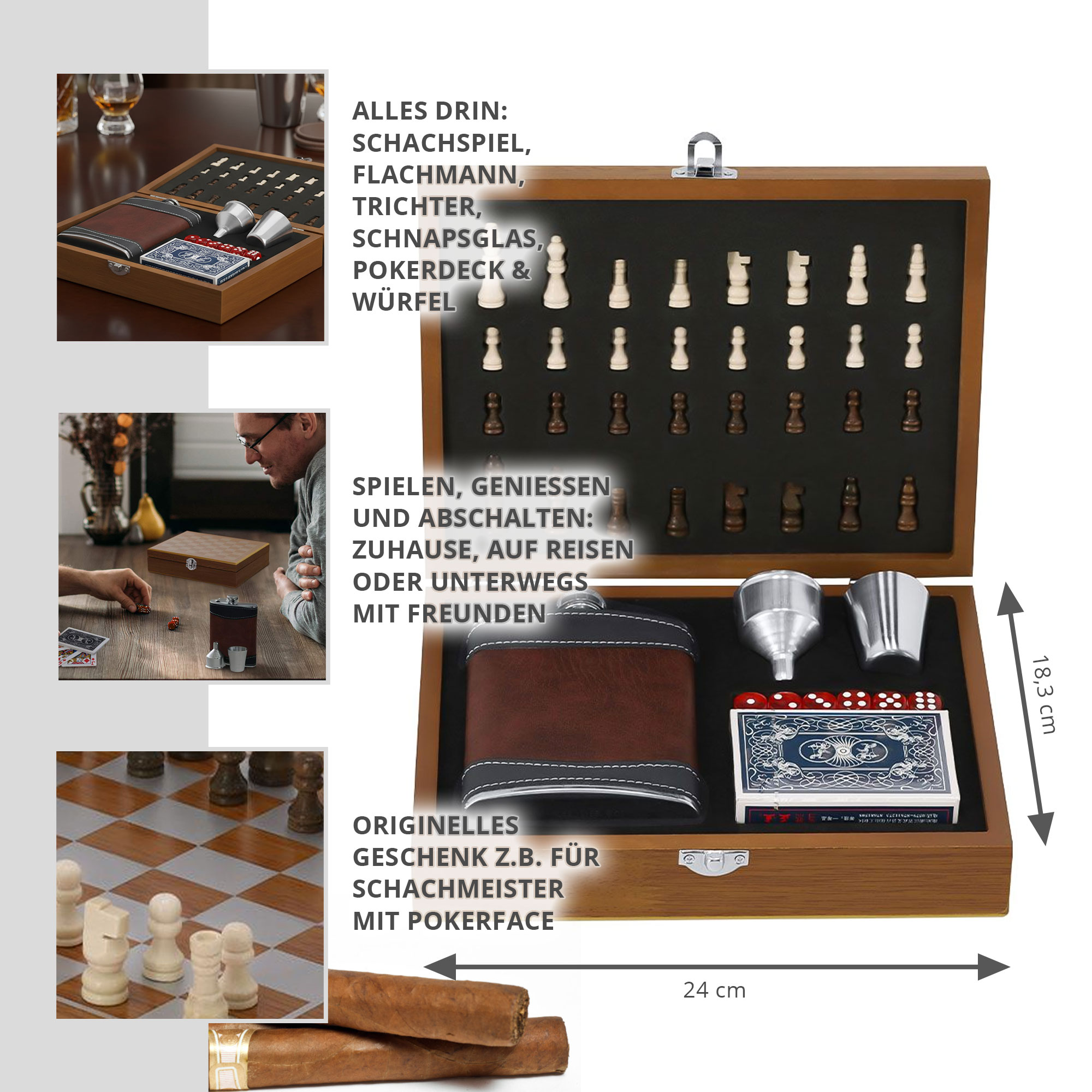 Flachmann Set in Geschenkbox mit 3 Spielen