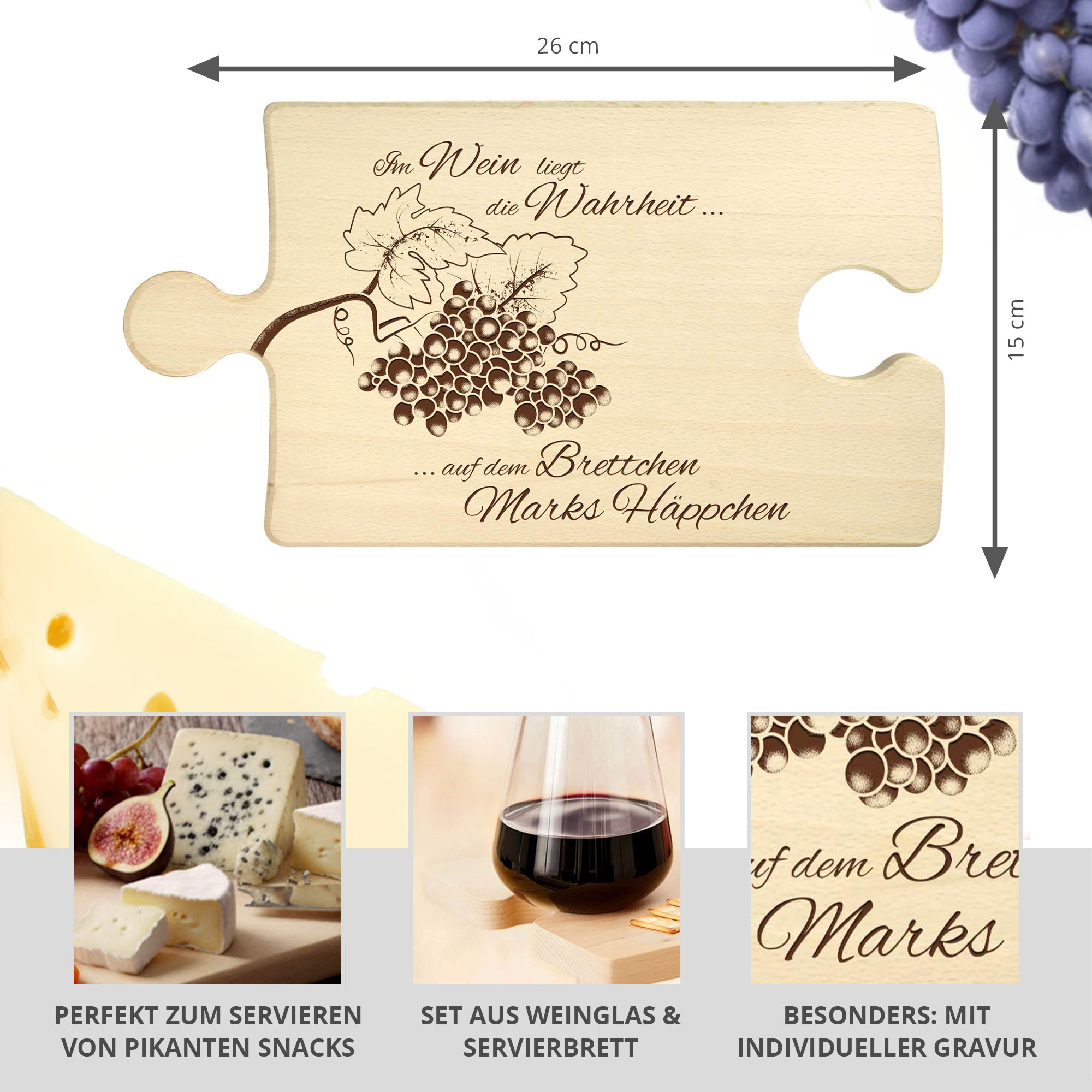 Weinhäppchen - Glas und Puzzle Brettchen personalisiert