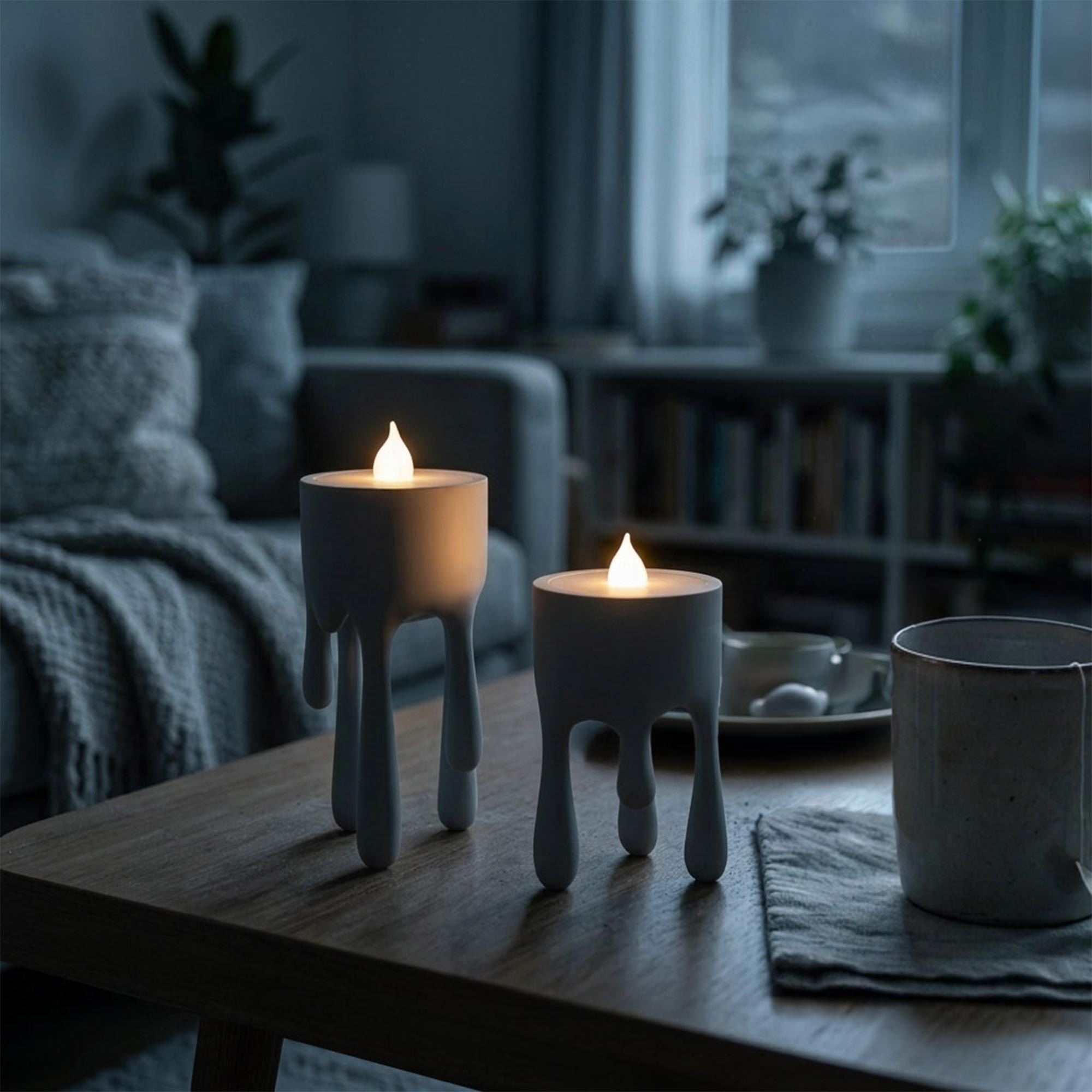 Schmelzende Kerzen – 2er-Set LED Teelichthalter mit Schwebeeffekt