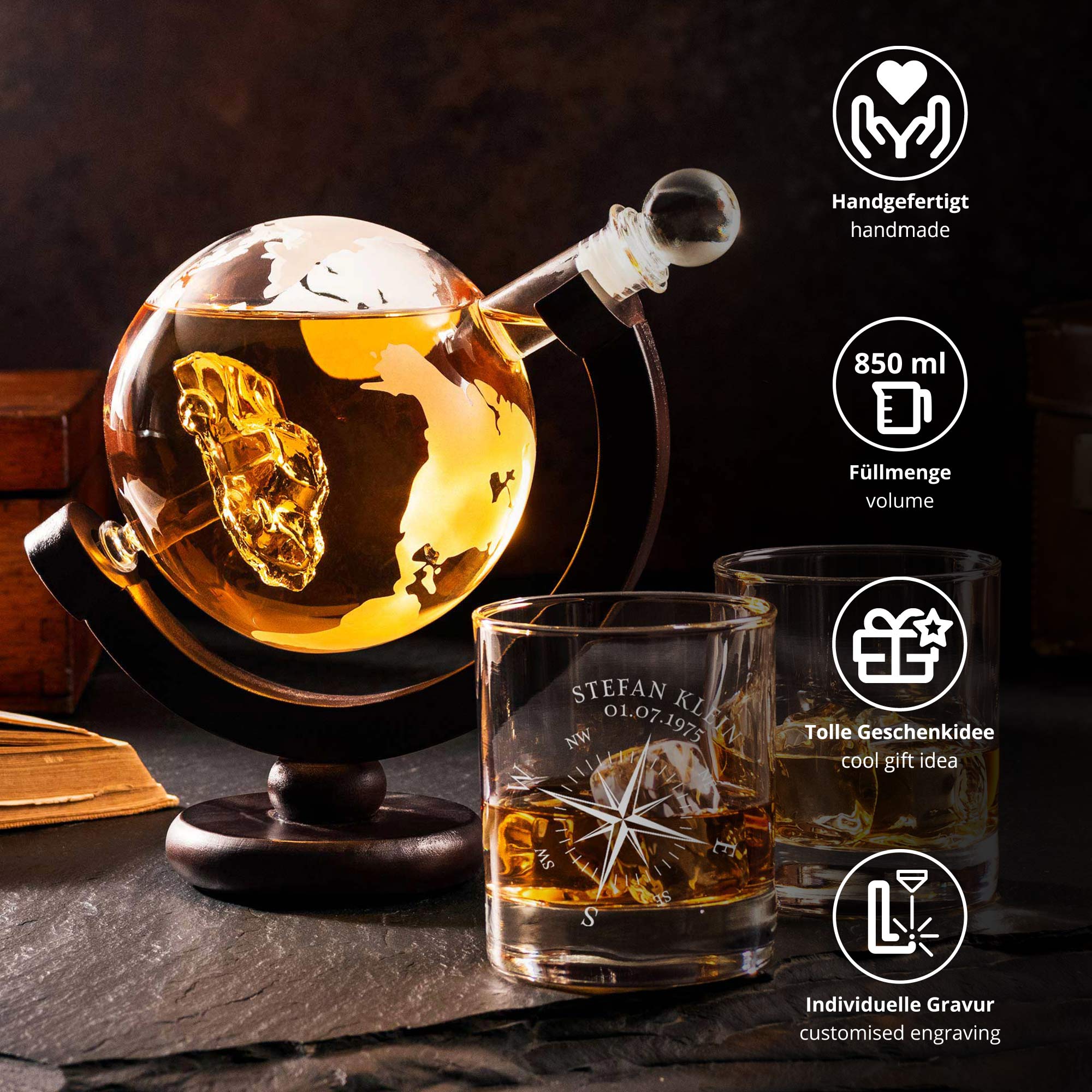Whiskyset Globus Karaffe Auto und Whiskyglas mit Gravur - Kompass