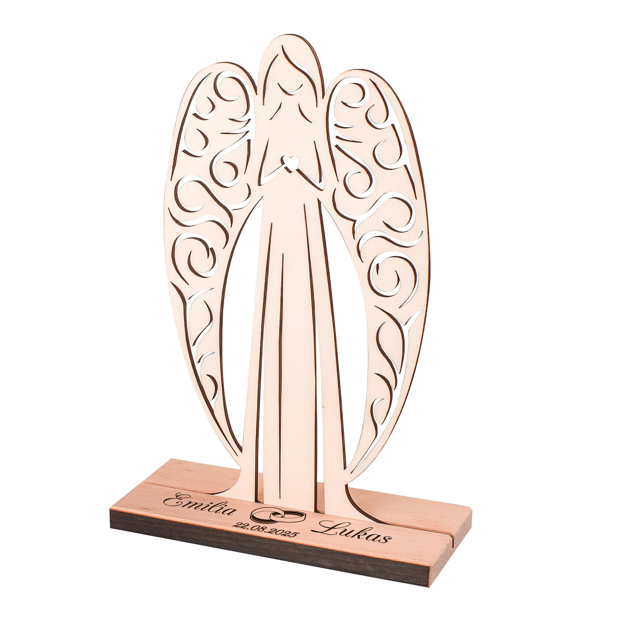 Großer Geldengel aus Holz mit Gravur zur Hochzeit - Ringe
