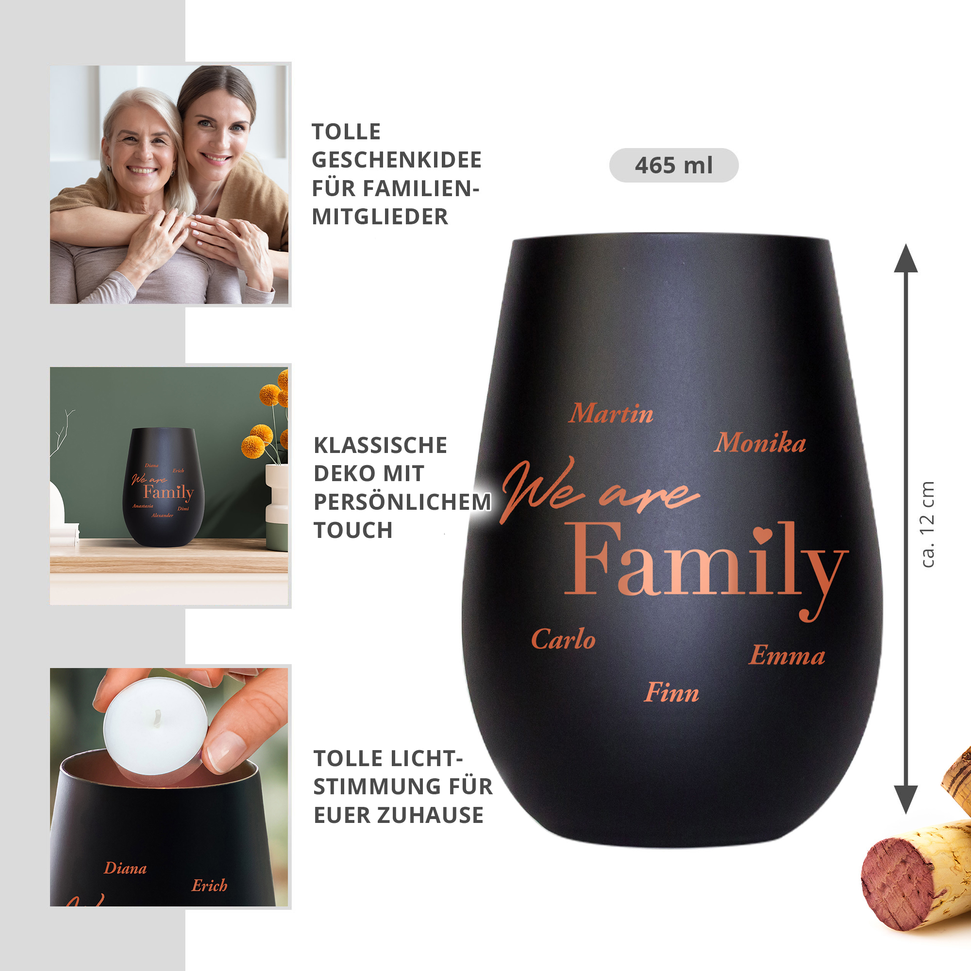 Schwarzes Windlicht mit Gravur Family - Bronze