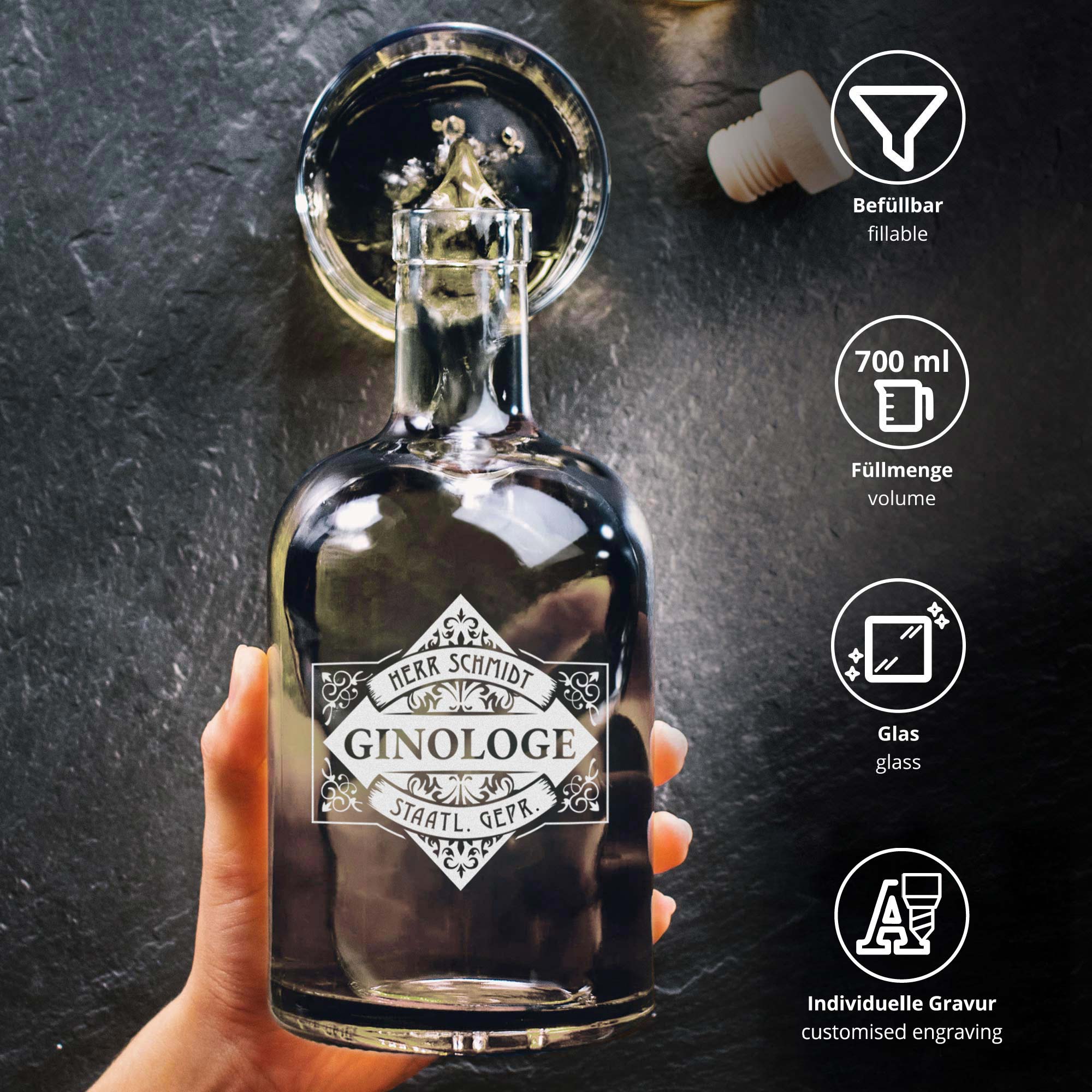 Glaskaraffe mit Gravur - Ginologe