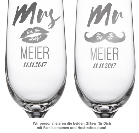 Sektgläser - Mr and Mrs mit Motiv und Namensgravur 3066 - 1