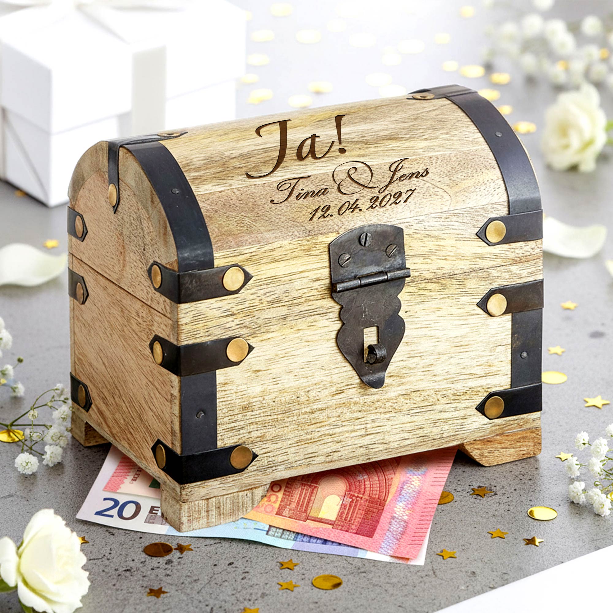 Geld Schatztruhe zur Hochzeit - Jawort Gravur Geld Schatztruhe zur Hochzeit - Jawort Gravur