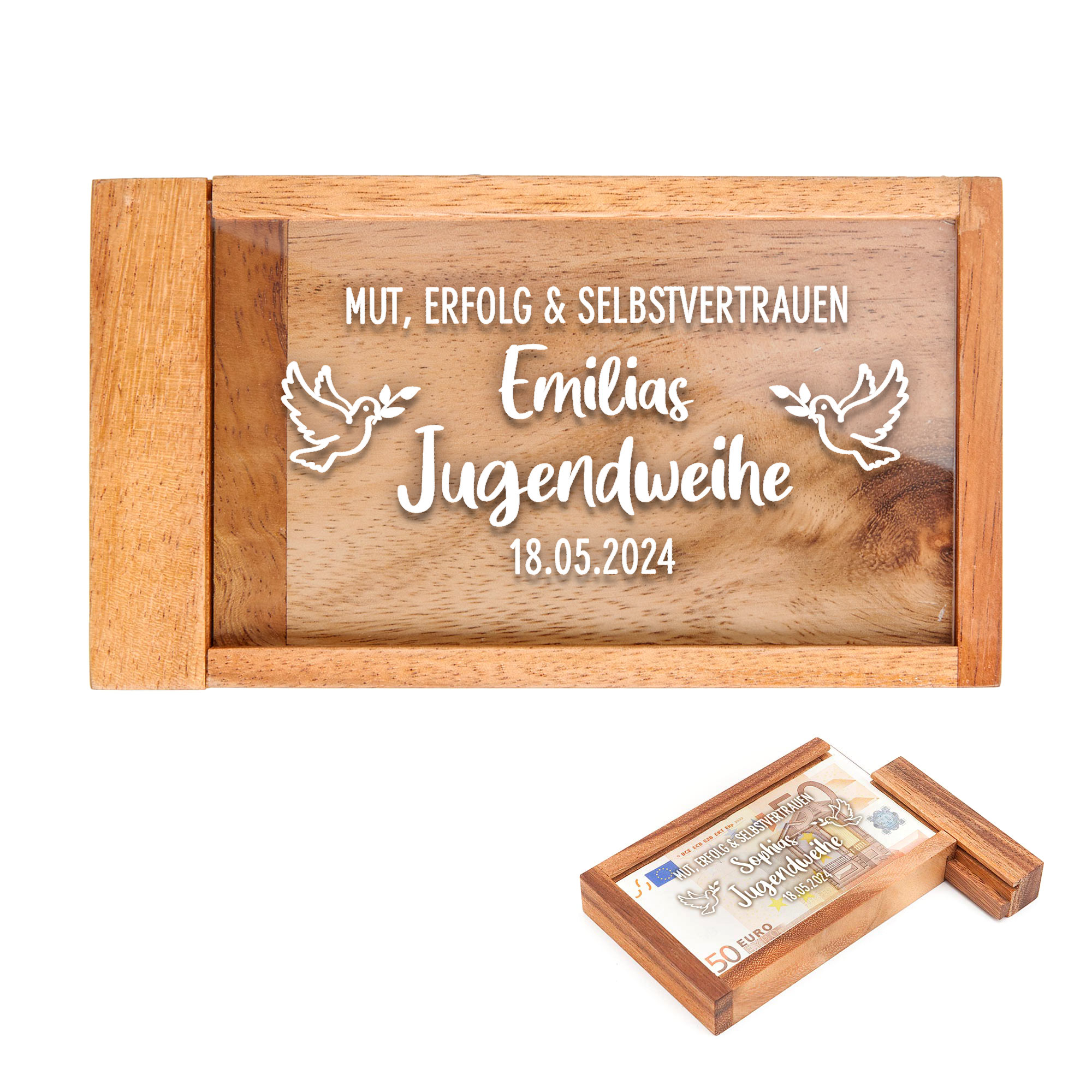 Magische Geldgeschenkbox mit Gravur zur Jugendweihe - Taube