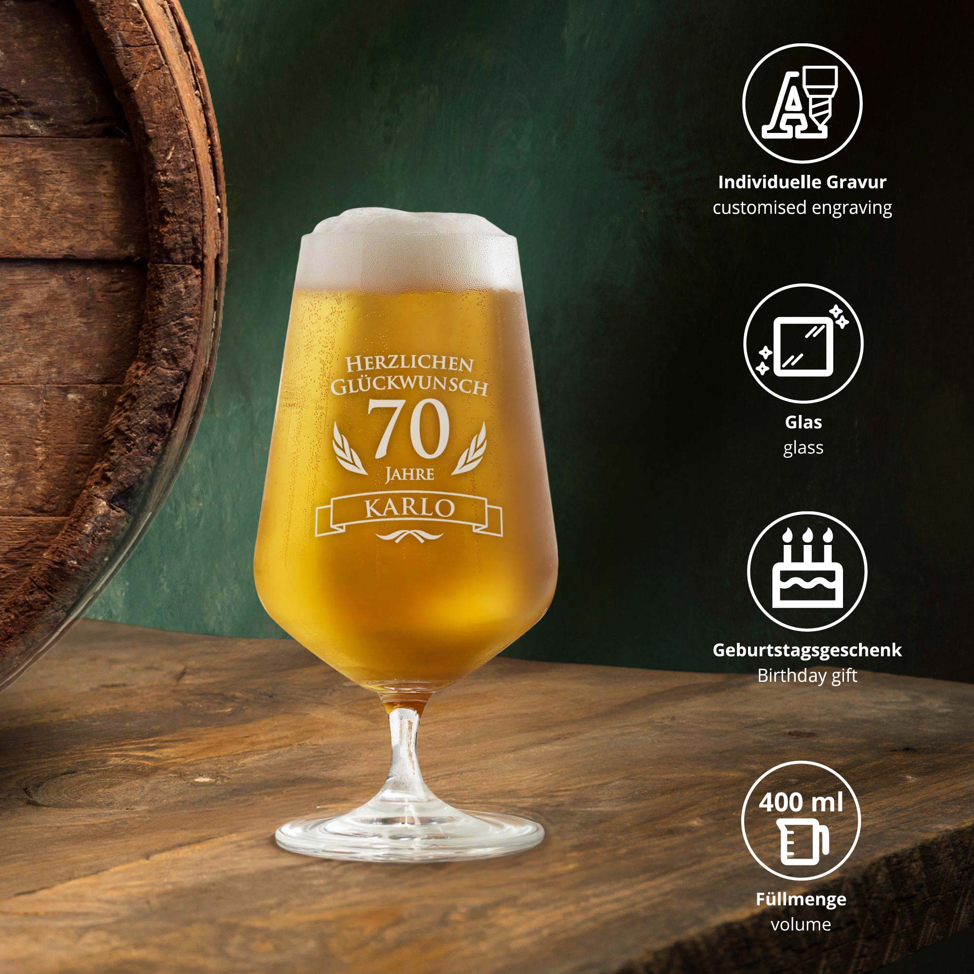 Bierglas zum 70. Geburtstag