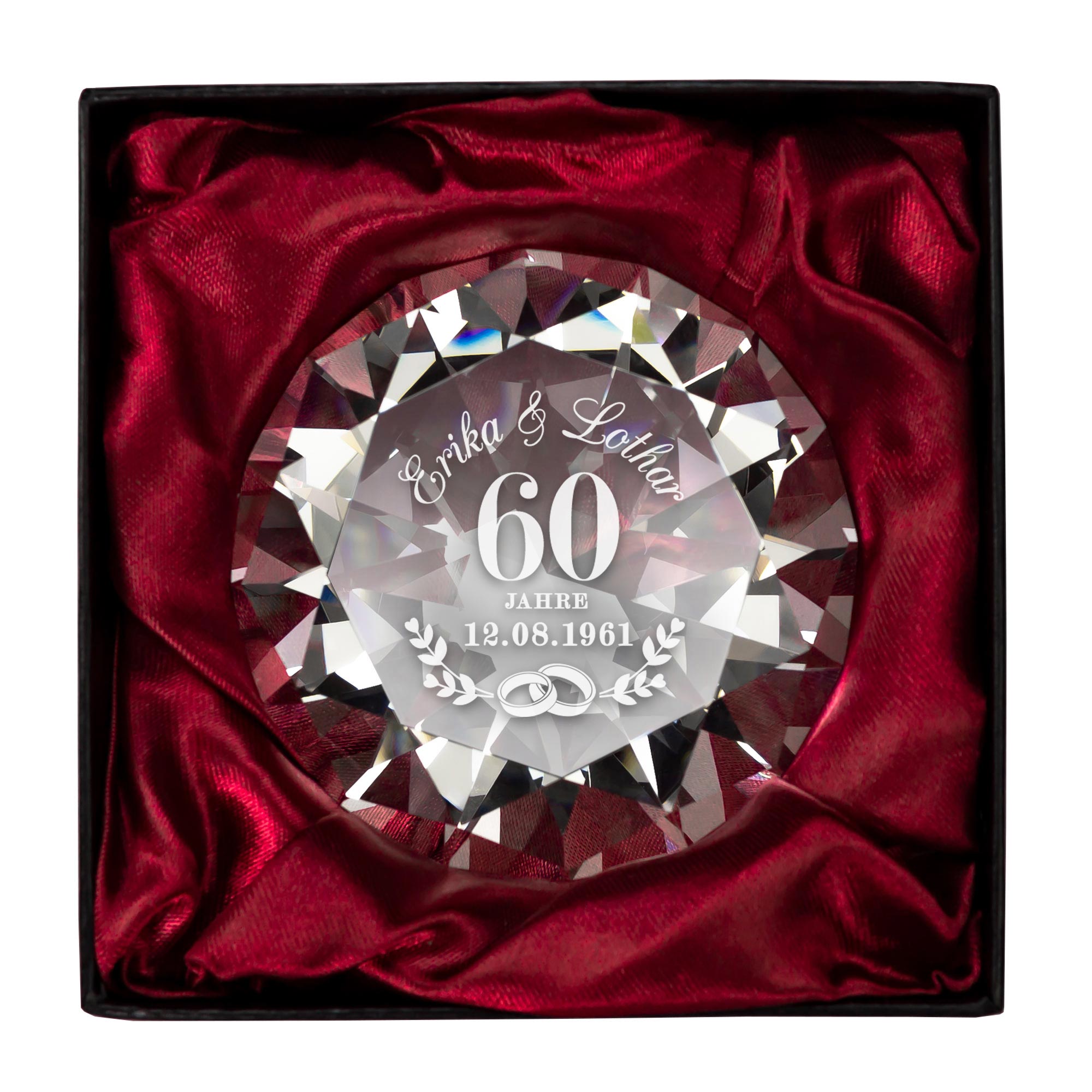 Diamant Kristall mit Gravur zur Diamant Hochzeit und Ring Displayständer Diamant Kristall mit Gravur zur Diamant Hochzeit und Ring Displayständer