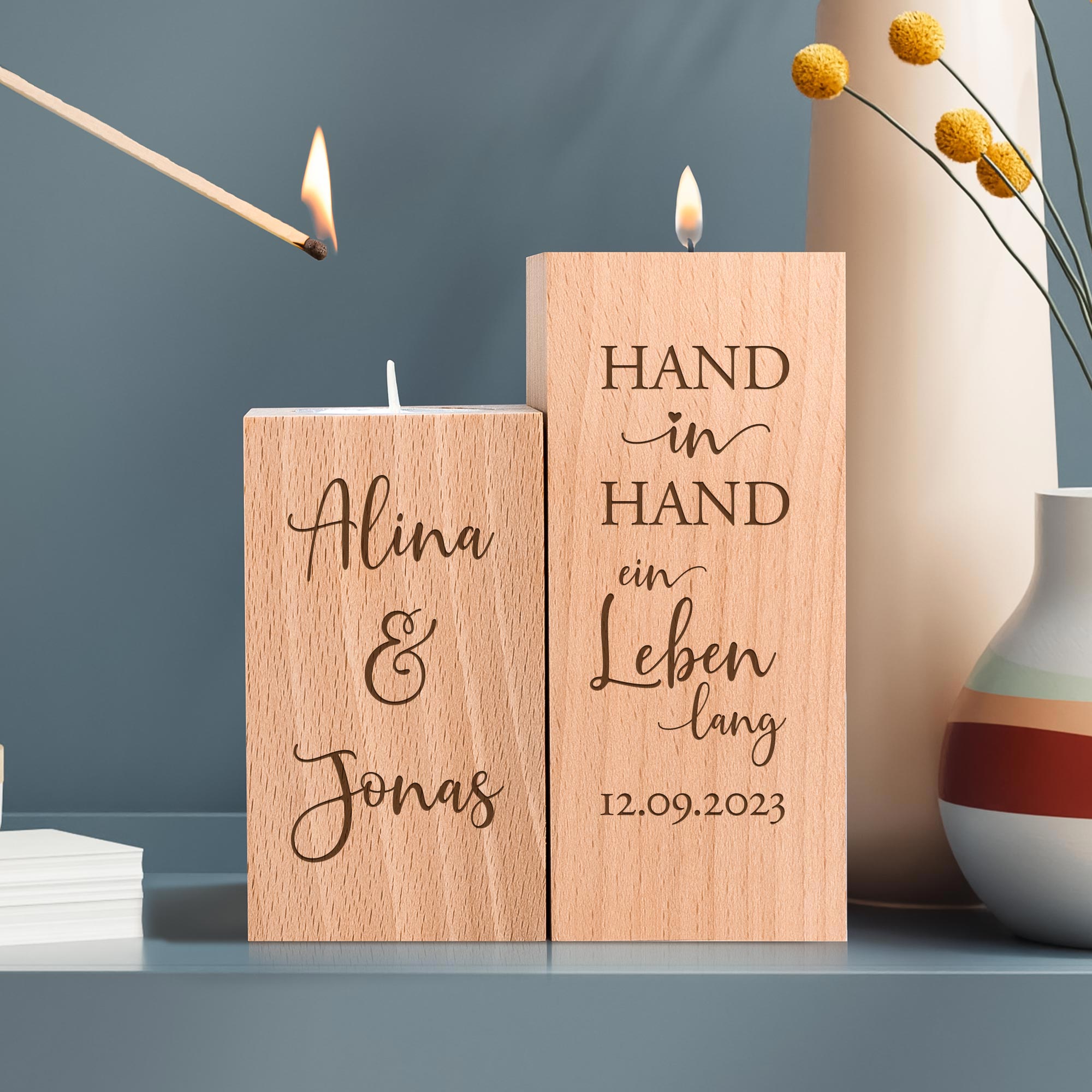 Teelichthalter Set - Eckig - Hochzeitspruch - Hand in Hand - Personalisiert
