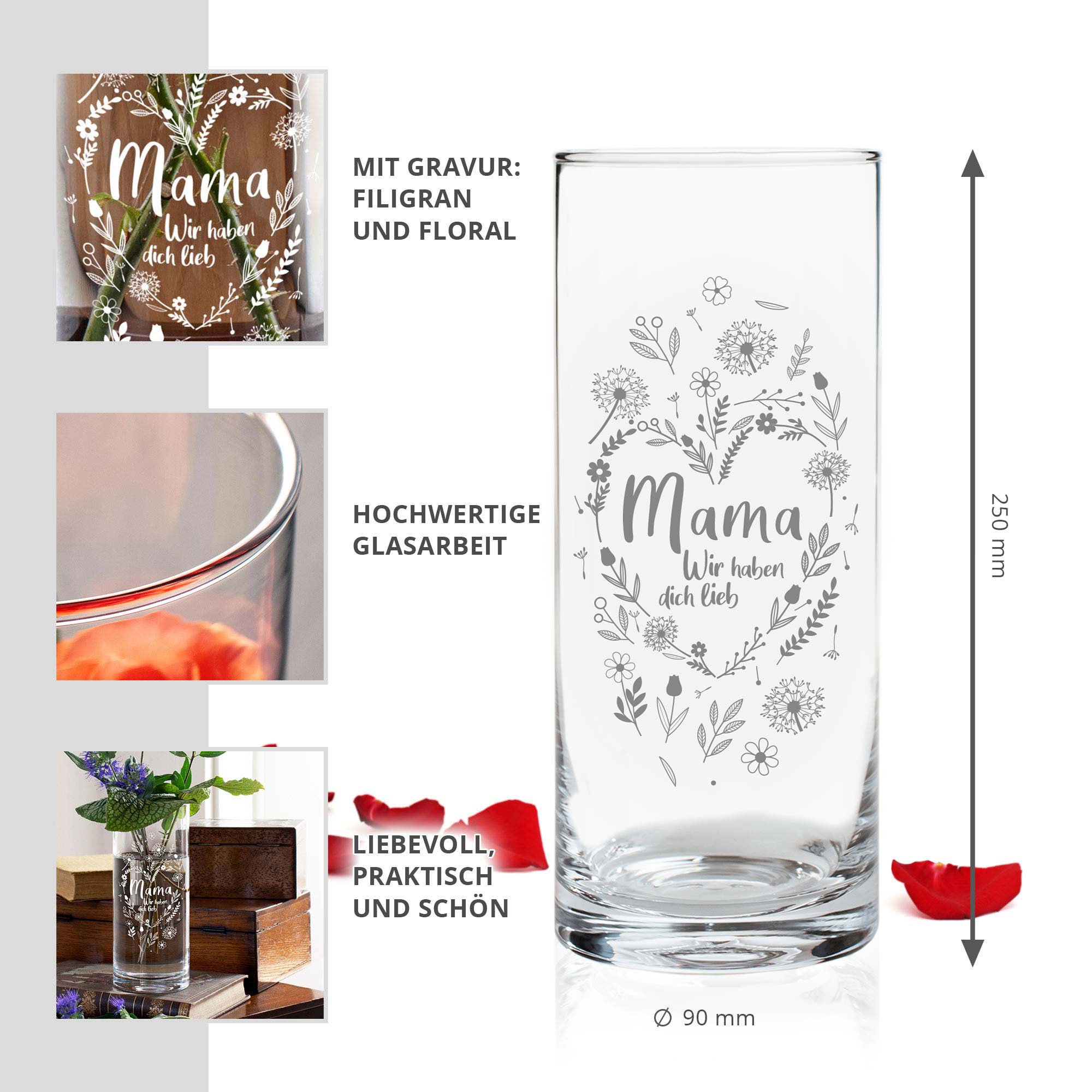 Runde Vase mit Gravur - Blumenherz Mama