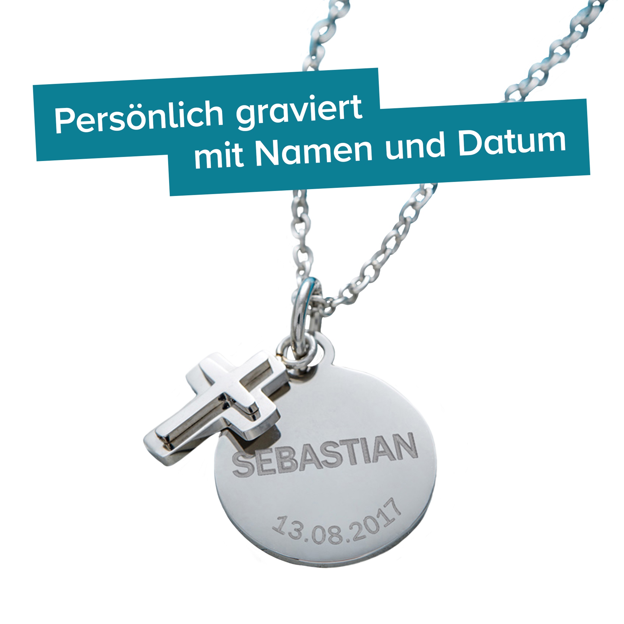 Runder Kettenanhänger mit Kreuz Silber - Name und Datum 4076 - 1