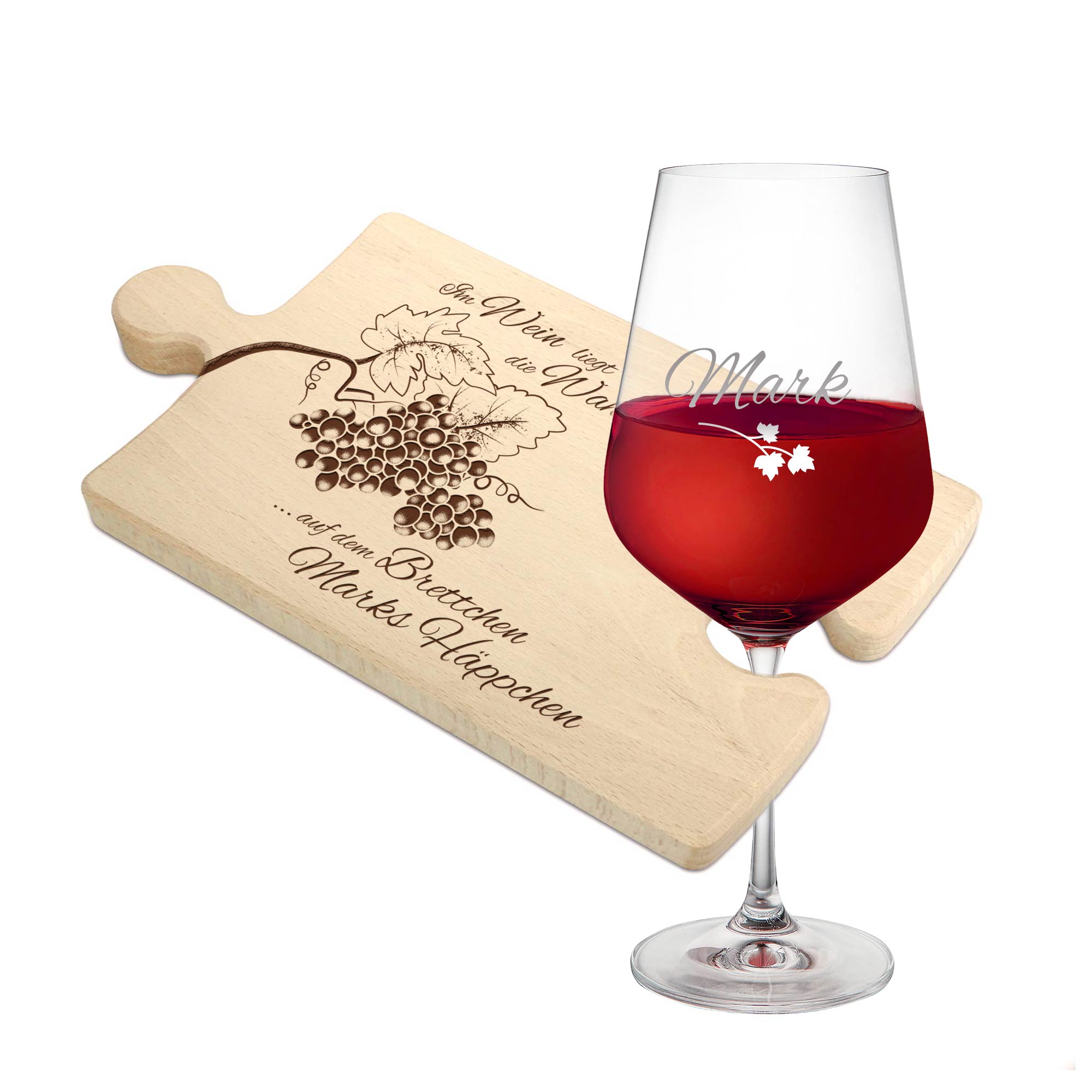 Weinhäppchen - Glas und Puzzle Brettchen personalisiert