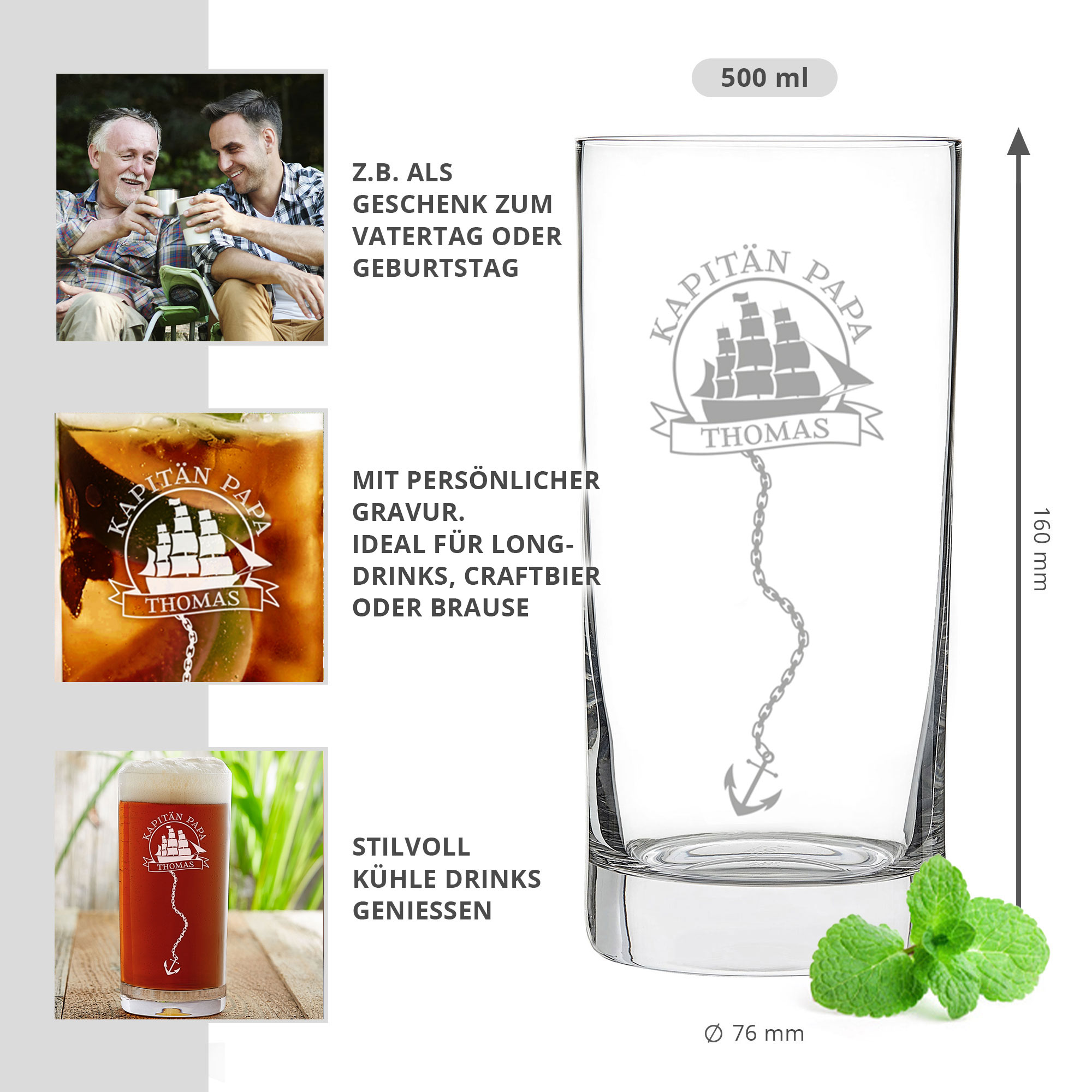 Cocktailglas mit Gravur für Papa - Segelschiff