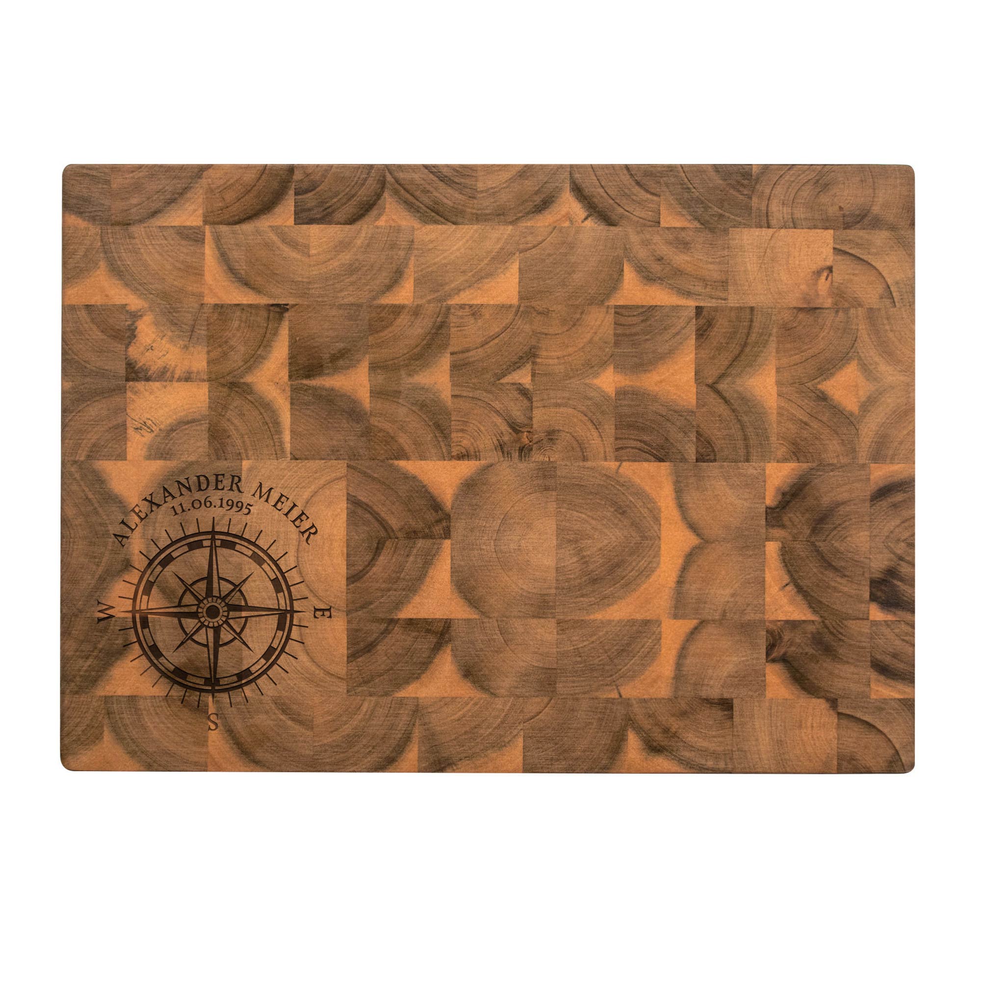 Premium Stirnholz Schneideblock Akazie mit Kompass Gravur