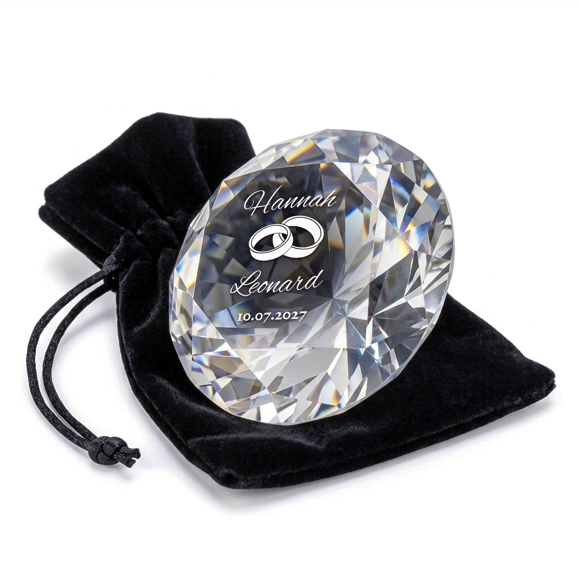 Diamant Kristall mit Gravur zur Hochzeit mit Samtsäckchen