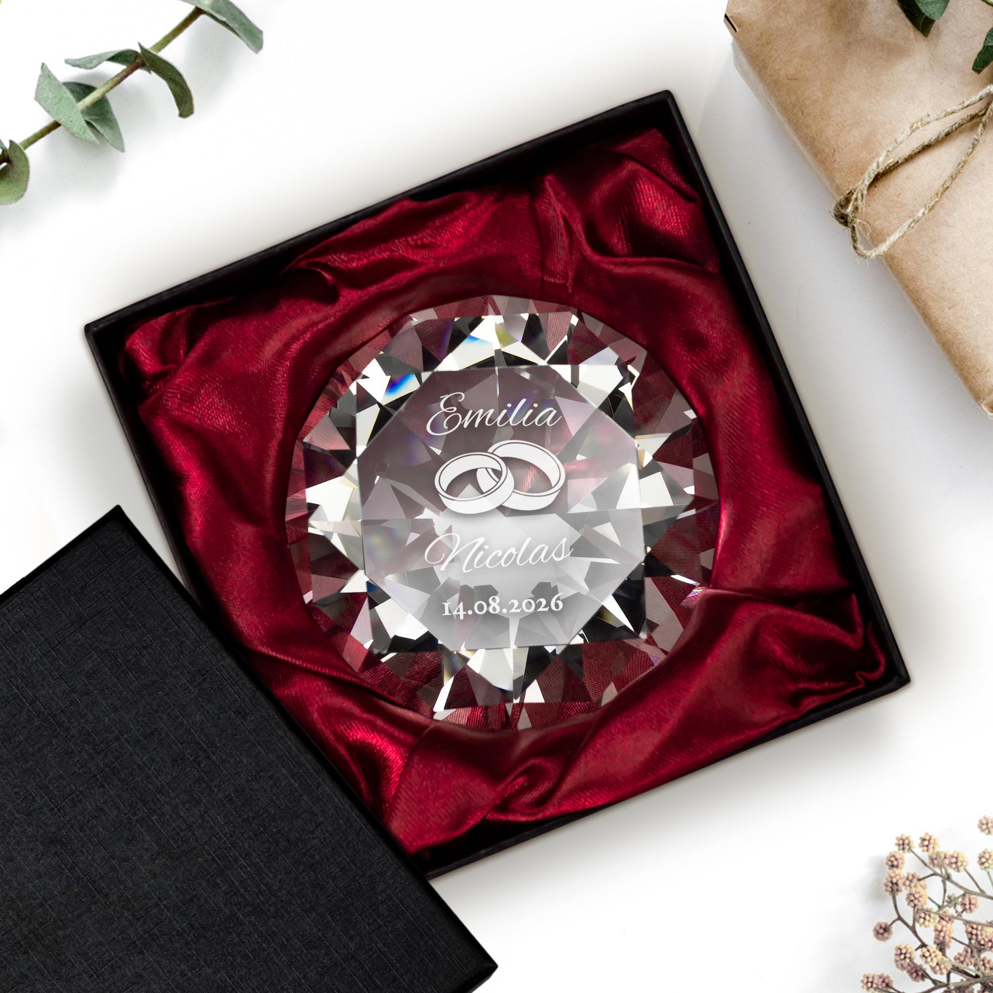 Diamant Kristall mit Gravur zur Hochzeit und Ring Displayständer Diamant Kristall mit Gravur zur Hochzeit und Ring Displayständer