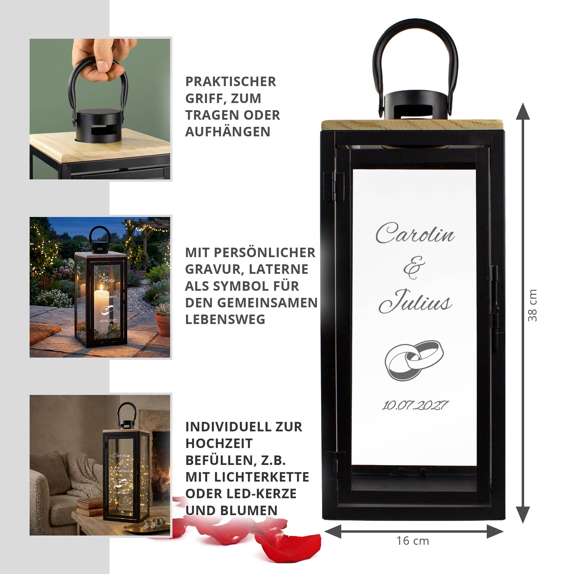 Personalisierte Holzlaterne zur Hochzeit Schwarz - Ringe