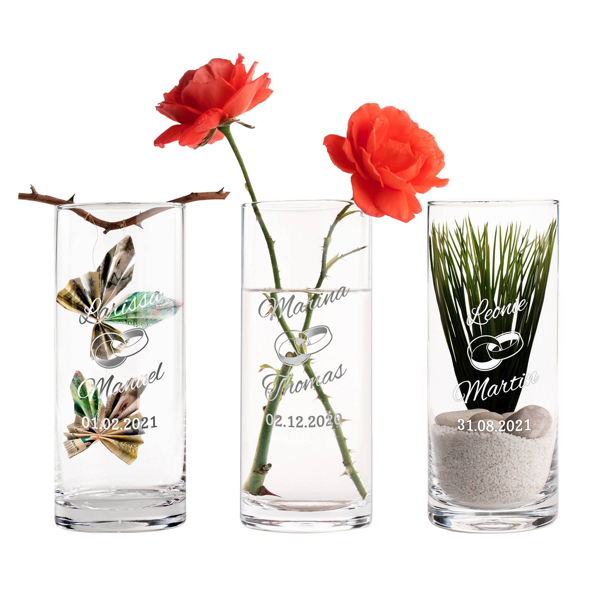 Runde Vase zur Hochzeit - Ringe Gravur