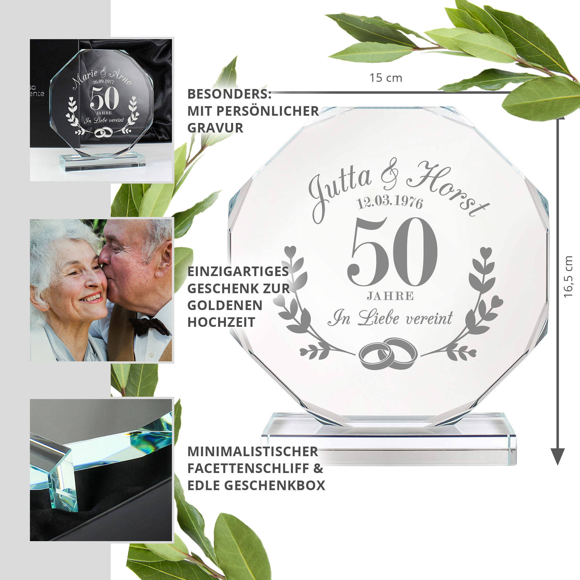 Personalisierter Glaspokal mit Facettenschliff zur Goldhochzeit - 50 Jahre
