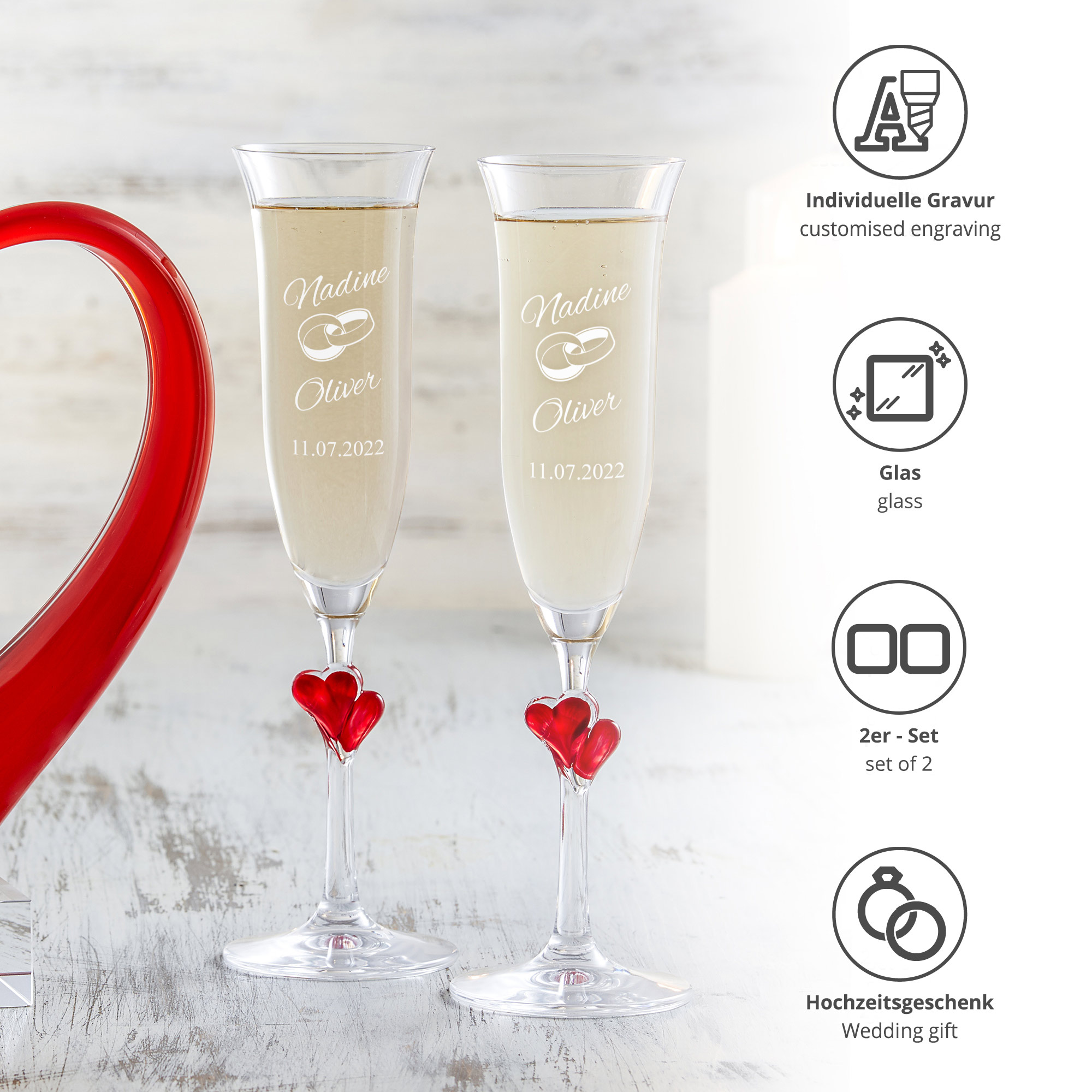 Hochzeitsset - Herzen Sektgläser und Schatztruhe Weiß zur Hochzeit