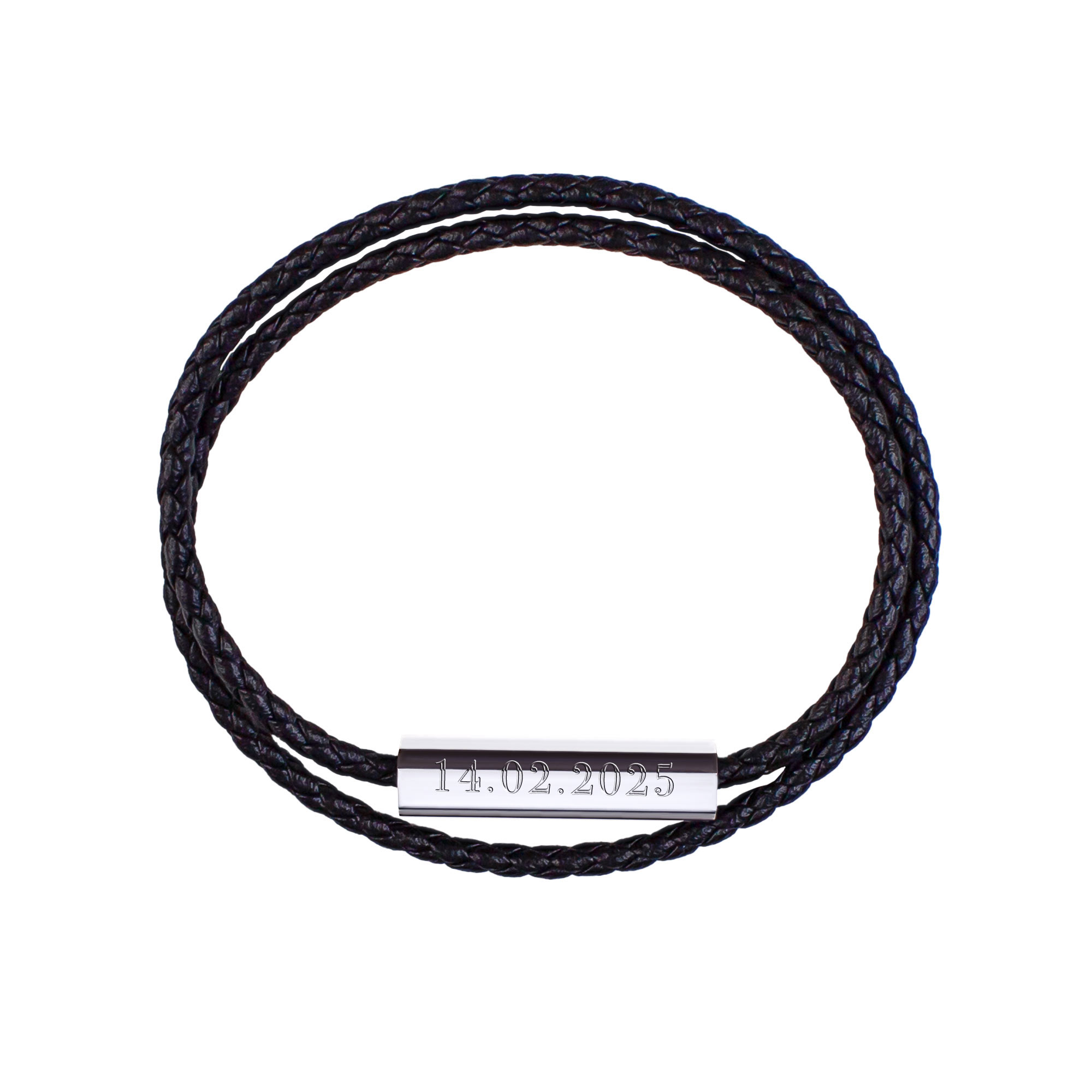 Geflochtenes Lederarmband zum Wickeln Silber - mit Gravur