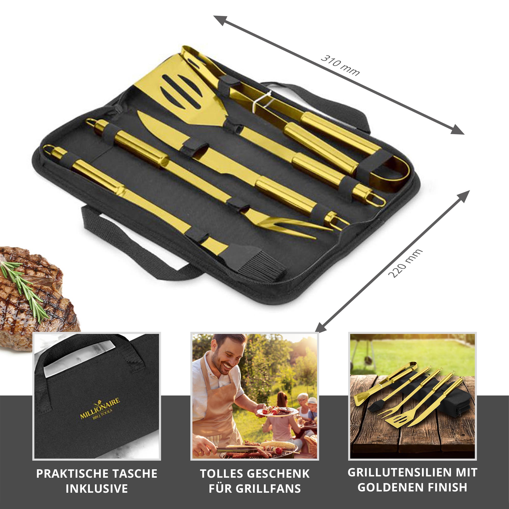 Goldenes Grillbesteck Set - 5-teilig