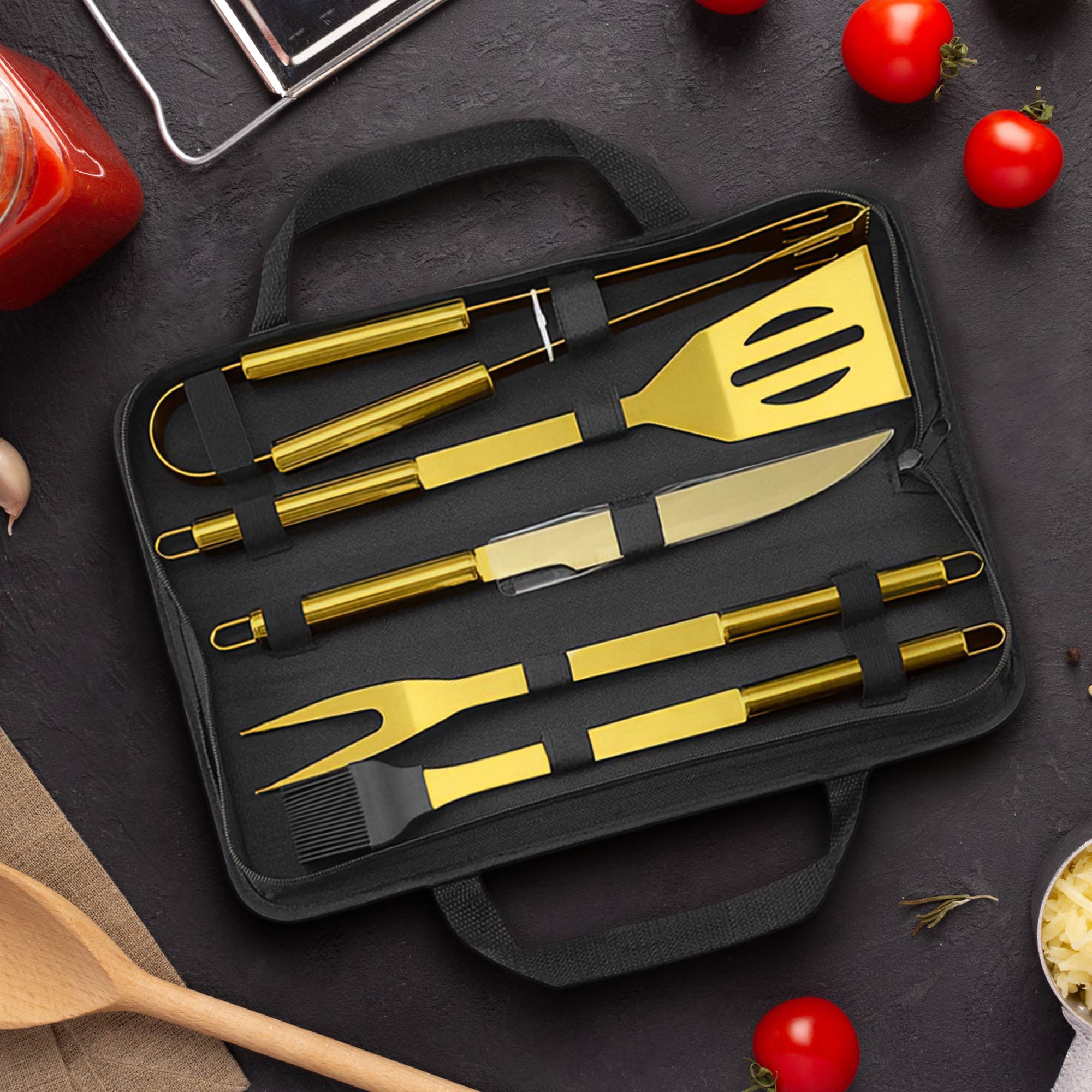 Goldenes Grillbesteck Set - 5-teilig