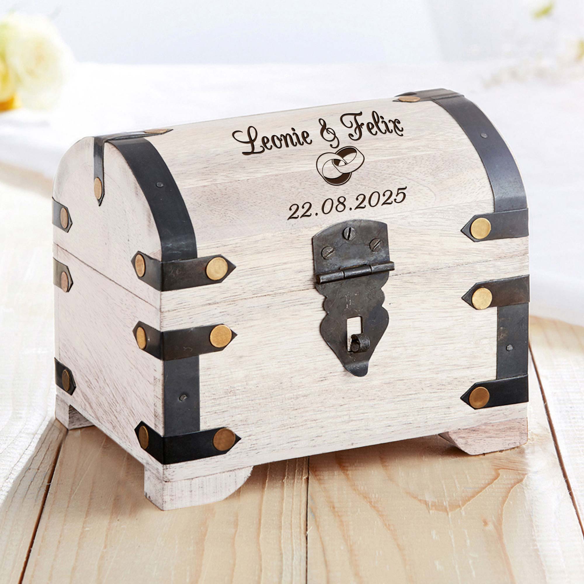 Hochzeitsset - Herzen Sektgläser und Schatztruhe Weiß zur Hochzeit