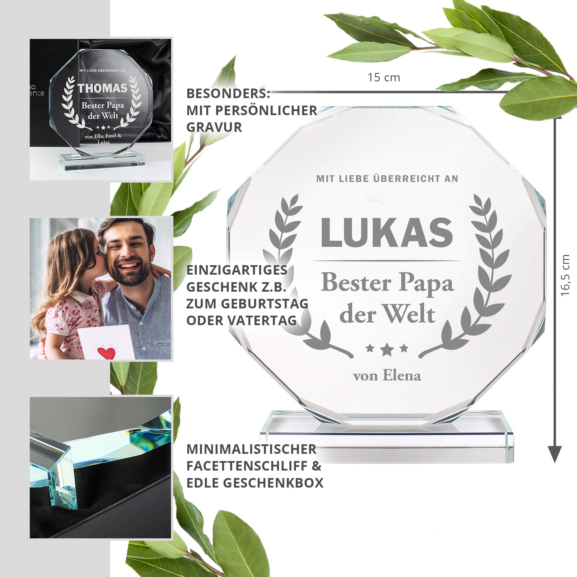 Personalisierter Glaspokal mit Facettenschliff - Auszeichnung für Besten Papa Personalisierter Glaspokal mit Facettenschliff - Auszeichnung für Besten Papa